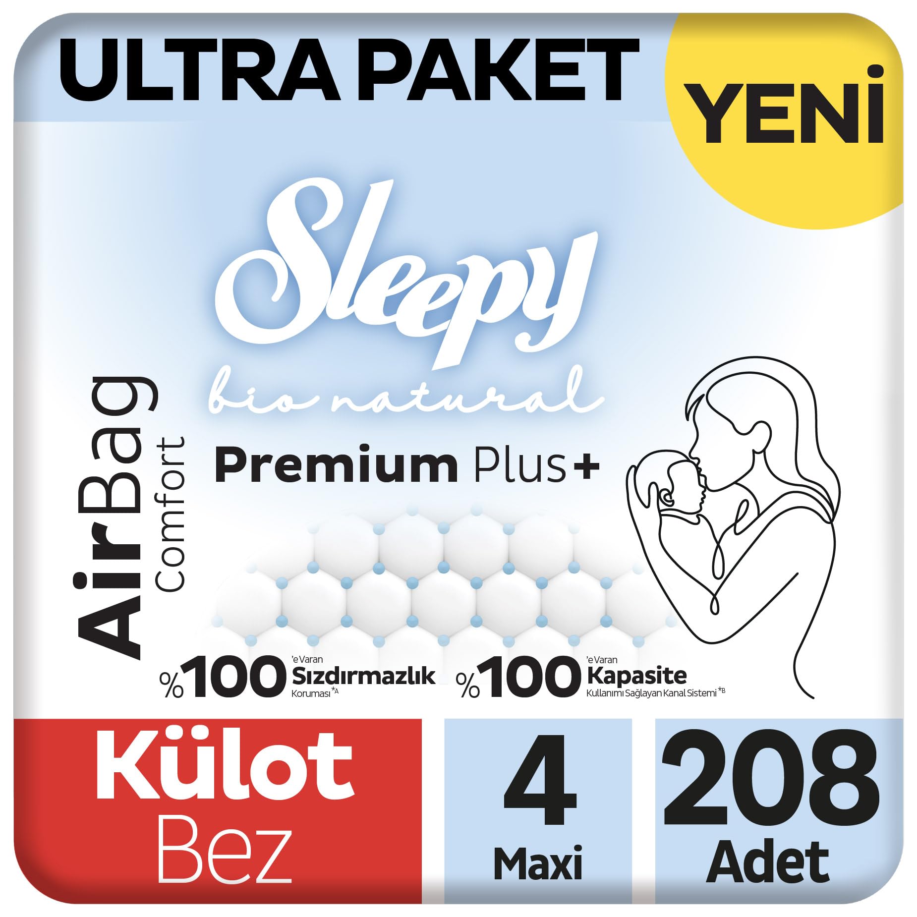 Sleepy Bio Natural Premium Plus Airbag Comfort Ultra Paket Külot Bez 4 Numara Maxi 208 Adet