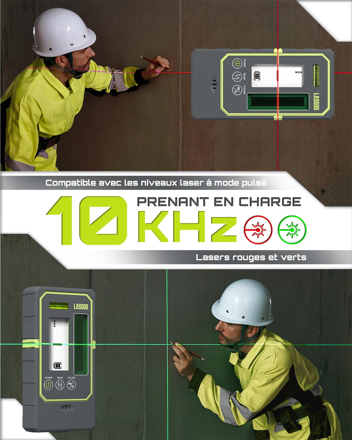 LasGoo Détecteur Laser LG-REC03 pour niveau laser, récepteur mode pulsé, portée 50 m, double écran LCD rétroéclairé, haut-parleur réglable, niveau à bulle et pince inclus.