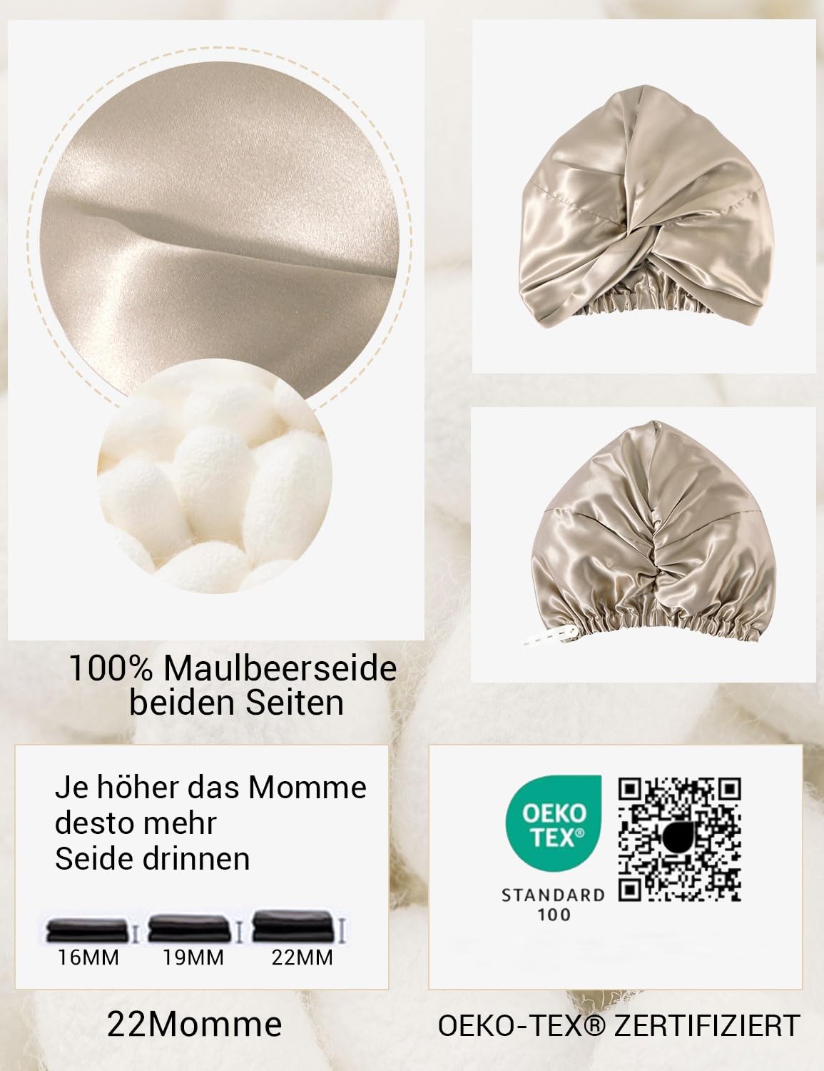 ‌LaCourse Rutschfeste Verstellbare Echte 22 Momme 100% Maulbeerseiden-Seidenhaube zum Schlafen, Doppellagige Seidenhaube für optimale Haargesundheit, Karamell