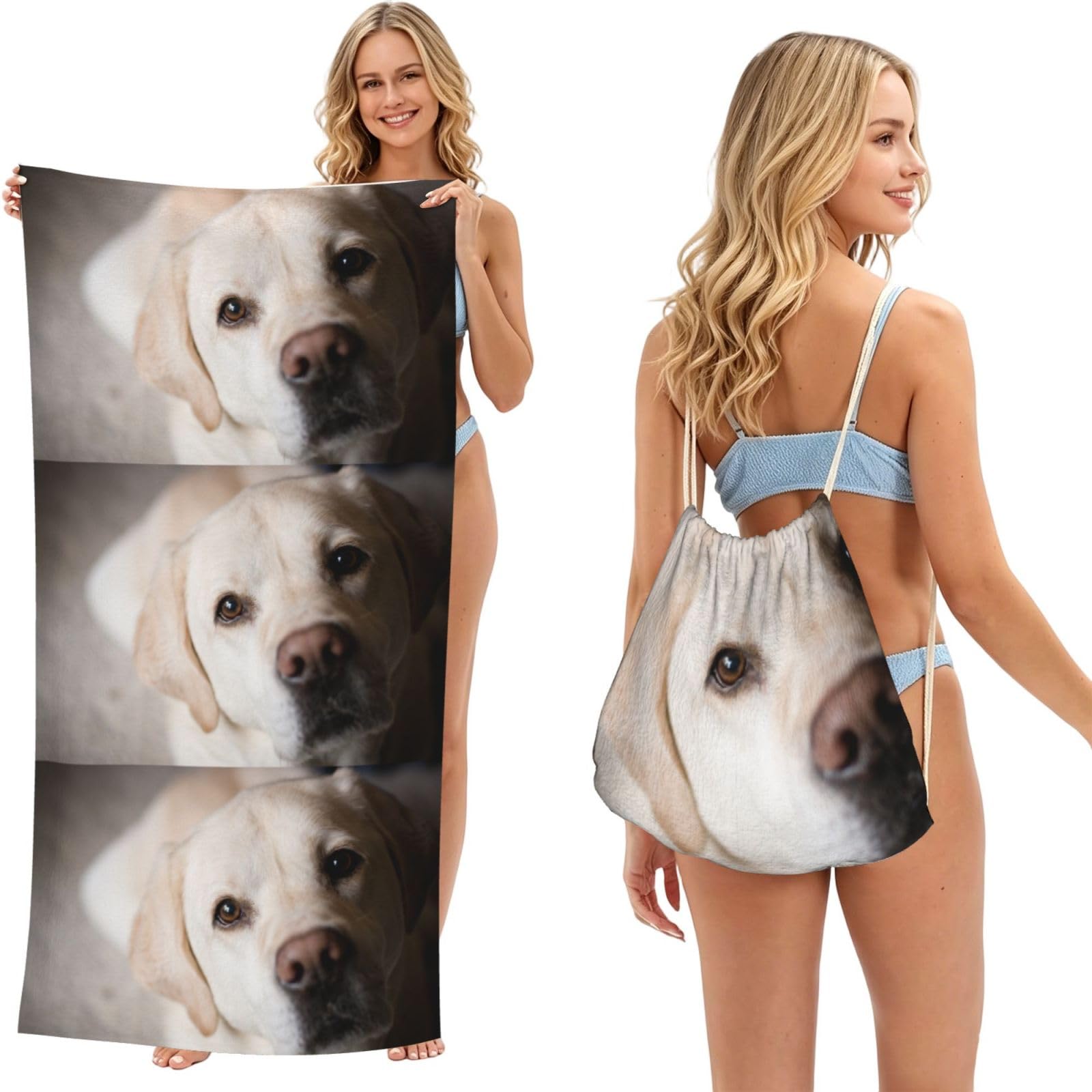 Poadnly As Picture Labrador Dog, 2 In 1 Packable Towel Bag, Beach Towels With Drawstring Backpack For Travel Holiday Camping