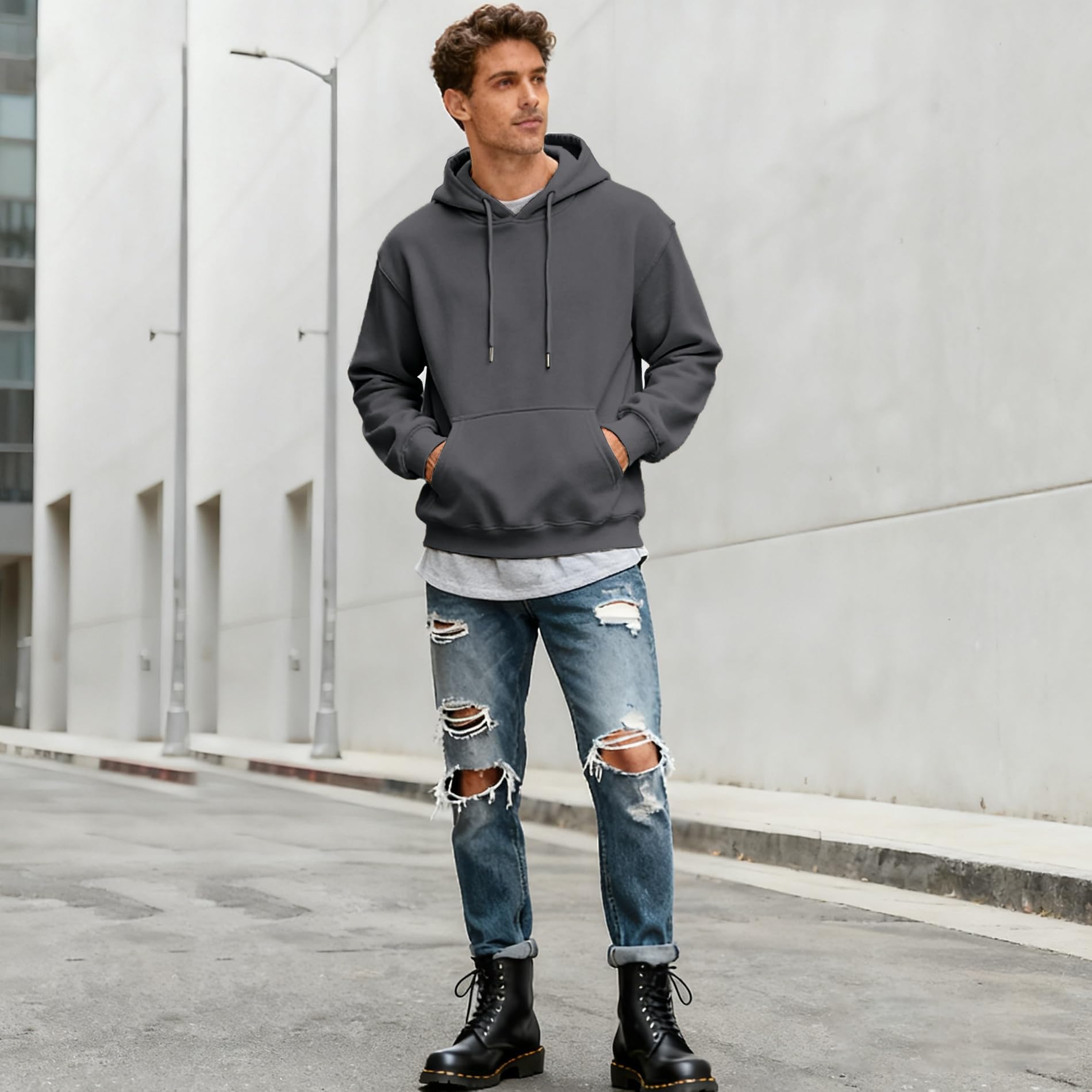 Jhsnjnr Felpa con cappuccio da uomo foderata in pile a maniche lunghe, con tasca, coulisse, tinta unita