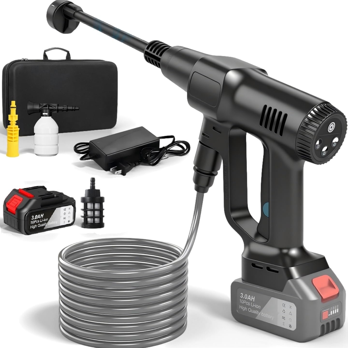 Hidrolimpiadora de Batería 21V Máx 200 Bar, Hidrolimpiadora de Alta Presion con de 3,0Ah Bateria, Press & Clean Pistola Lavado con Pantalla LCD de Potencia y de 3 Velocidades (Negro con 1 Batería)