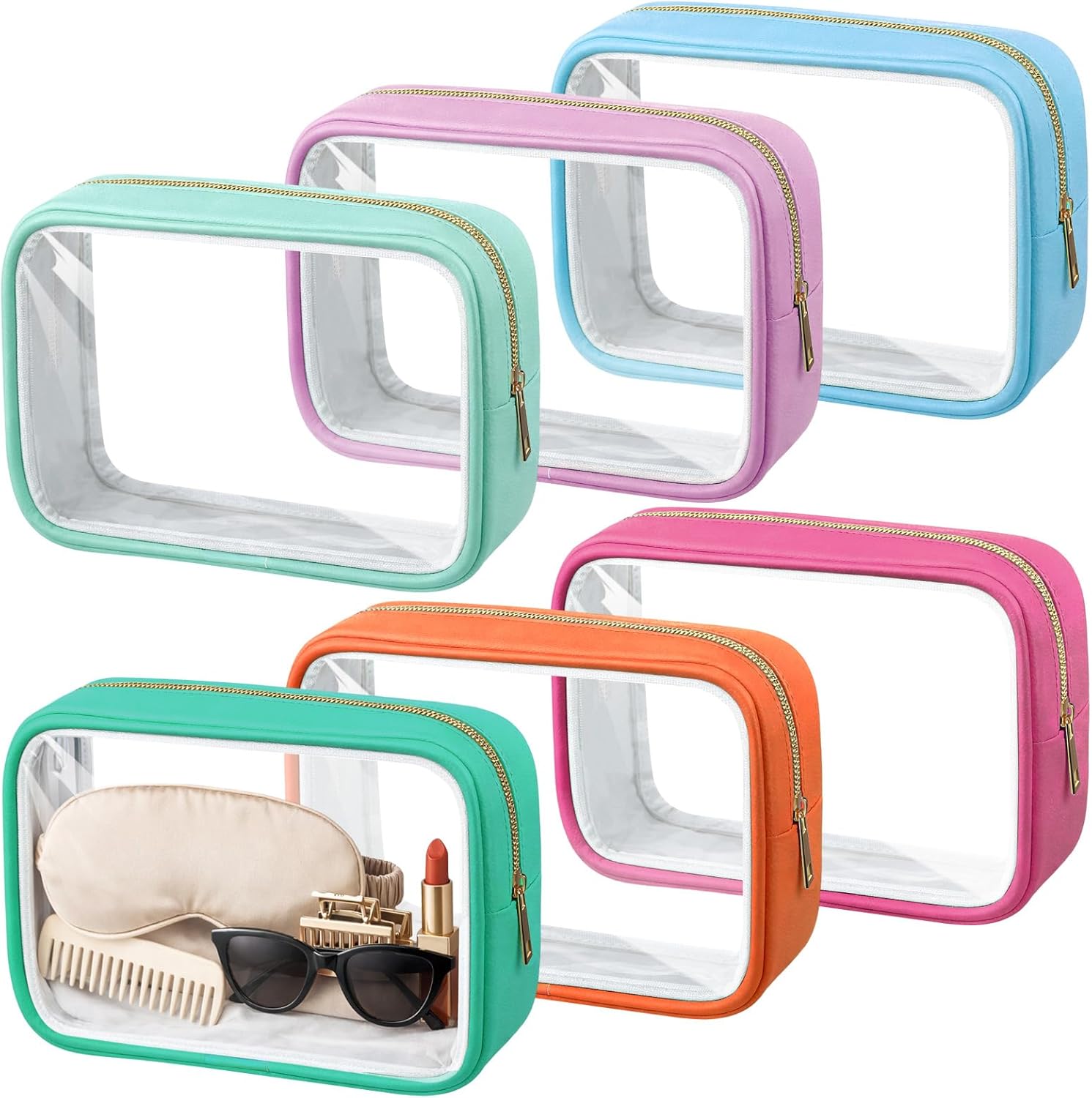 Abbylike 6 Pcs Clear Makeup Bag Bulk Travel Cosmetic Case Women PU Leather Toiletry Bag with Zipper Waterproof Travel Toiletry Bags for Mothers Day Wedding Bachelorette Gifts(Pastel Color)