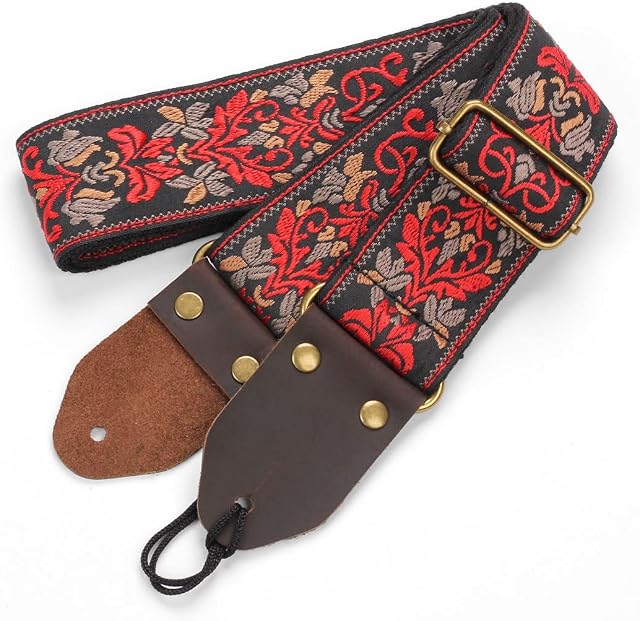 MuzcYM Guitar Strap, Vintage Embroidered Guitar Straps Vintage Woven with Genuine Leather Ends for Bass, Electric & Acoustic Guitars