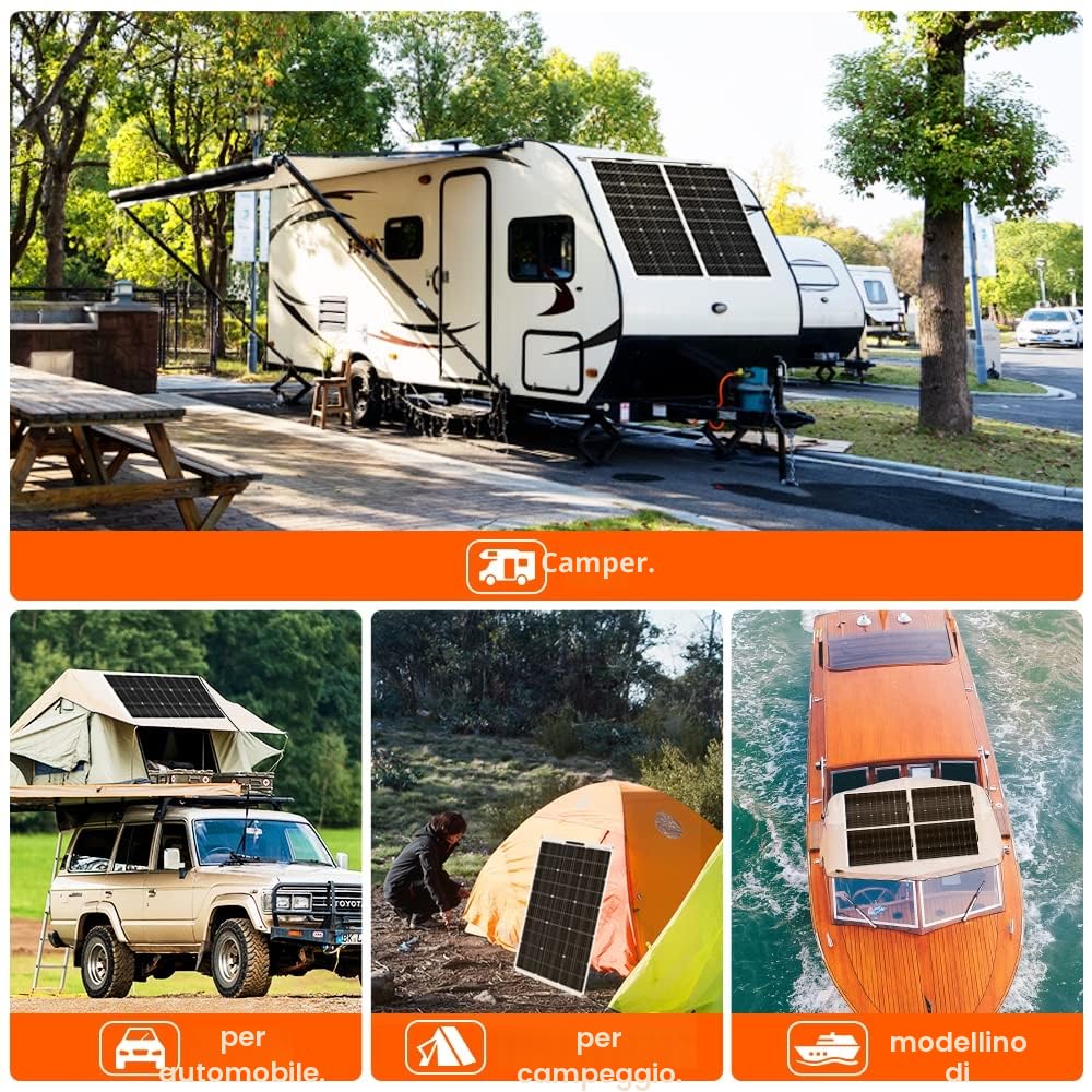 DOKIO 2PC Pannello Solare Flessibile 100W 18V (200W) Monocristallino Fotovoltaico ETFE per Batteria 12V (Camper, Roulotte, Barche, Off-Grid)