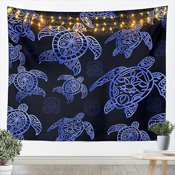 Sea Turtle Tapestry Soft Microfiber,Exotic Tortoise Marine Life Animal Black Polyester Home Wall Blanket Tapestries,Ethnic Aztec Blue Bohemian Mandala Floral Tapestry,Medium 59.1 x 59.1 Inches