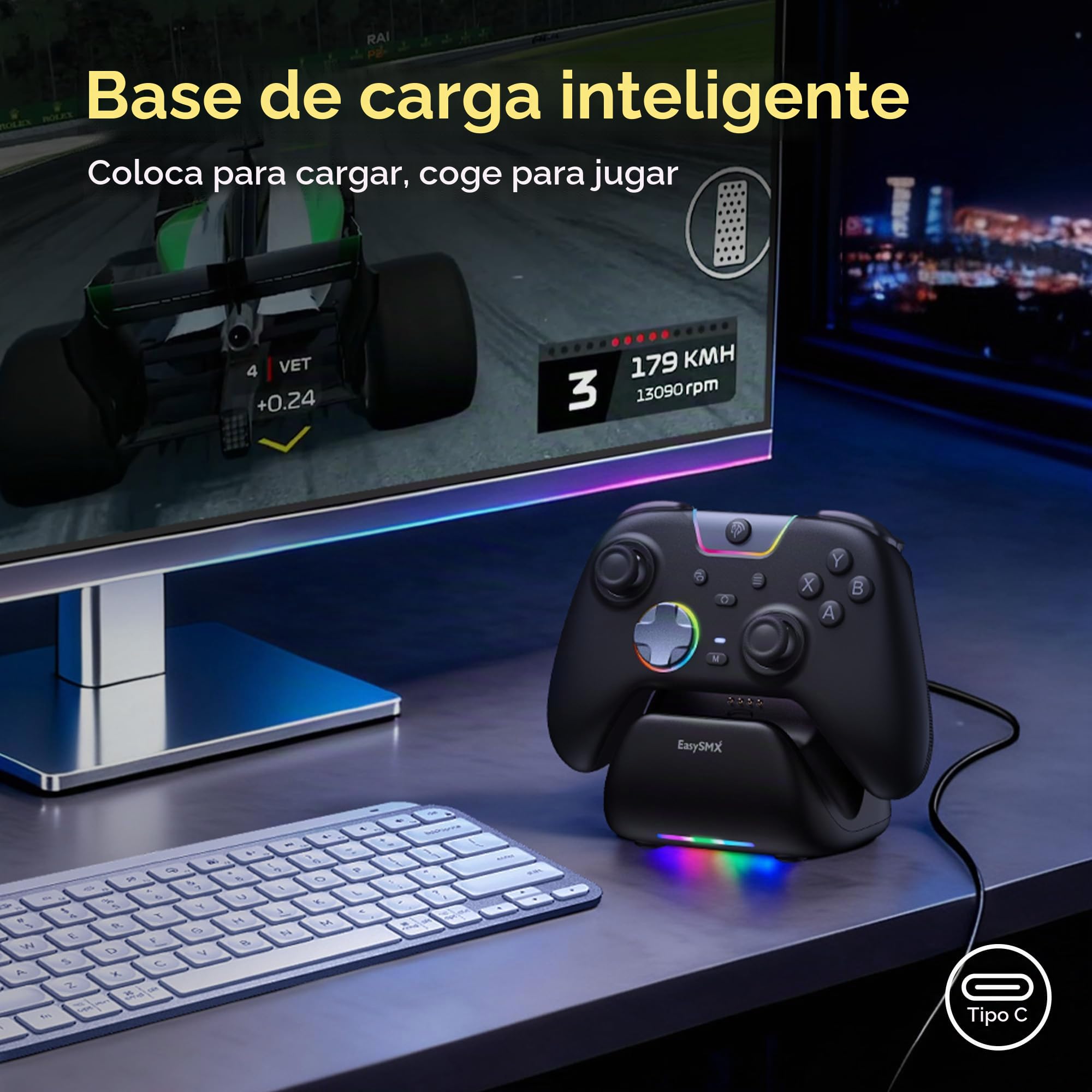 EasySMX X05Pro Mando PC Inalámbrico con Base, 1000Hz, Joysticks Hall, Botones Silenciosos, Gatillos de 2 Etapas, D-Pad 8 Direcciones, 1000mAh, 2 Botones Programables, PC/Switch/Android/iOS – Negro.