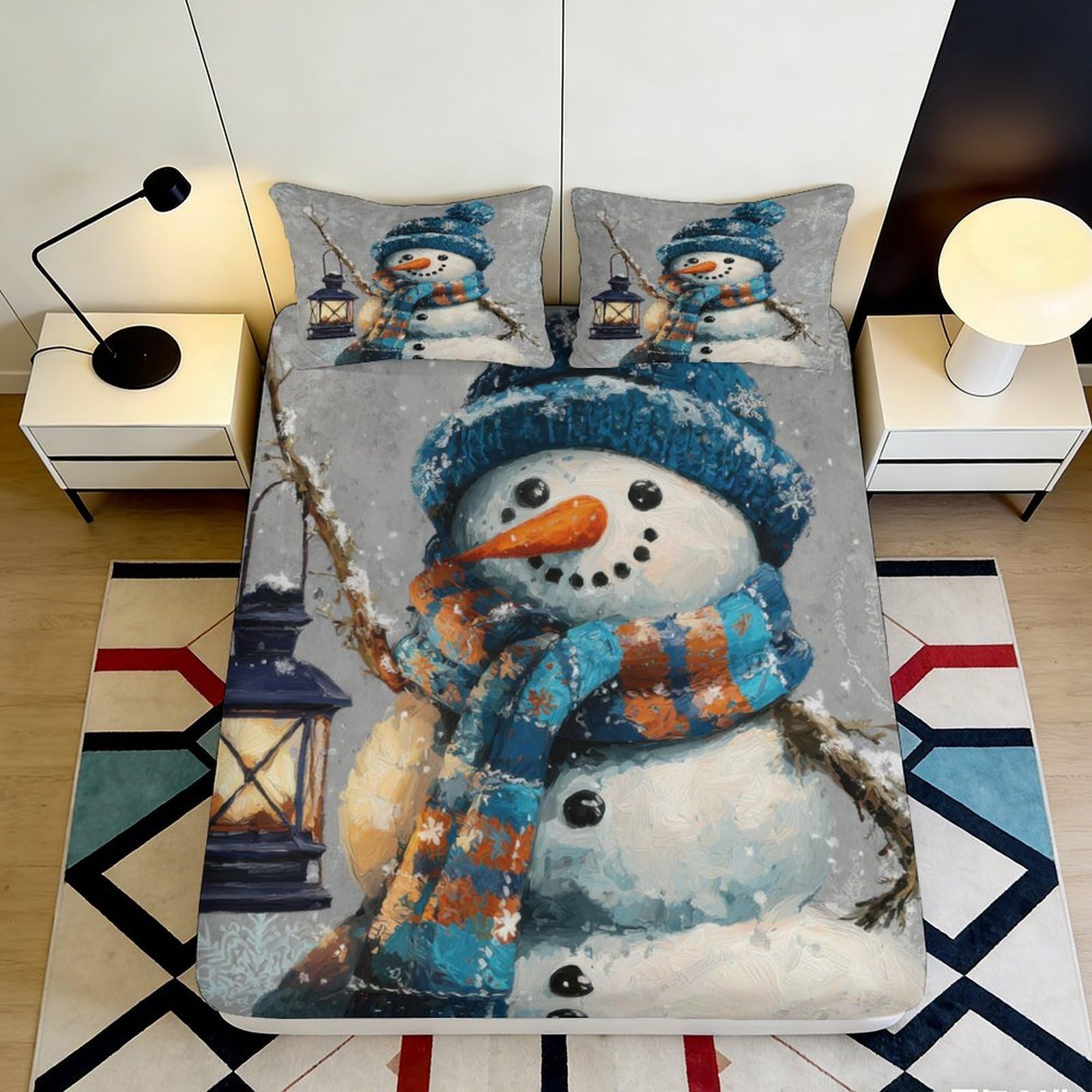 3D Printed Snowman Winter Fitted Sheet Microfiber Deep Pocket Non-Slip Snowman Mattress Fitted Cover for Bedroom Bedding 200x200x25cm 90x200x25cm