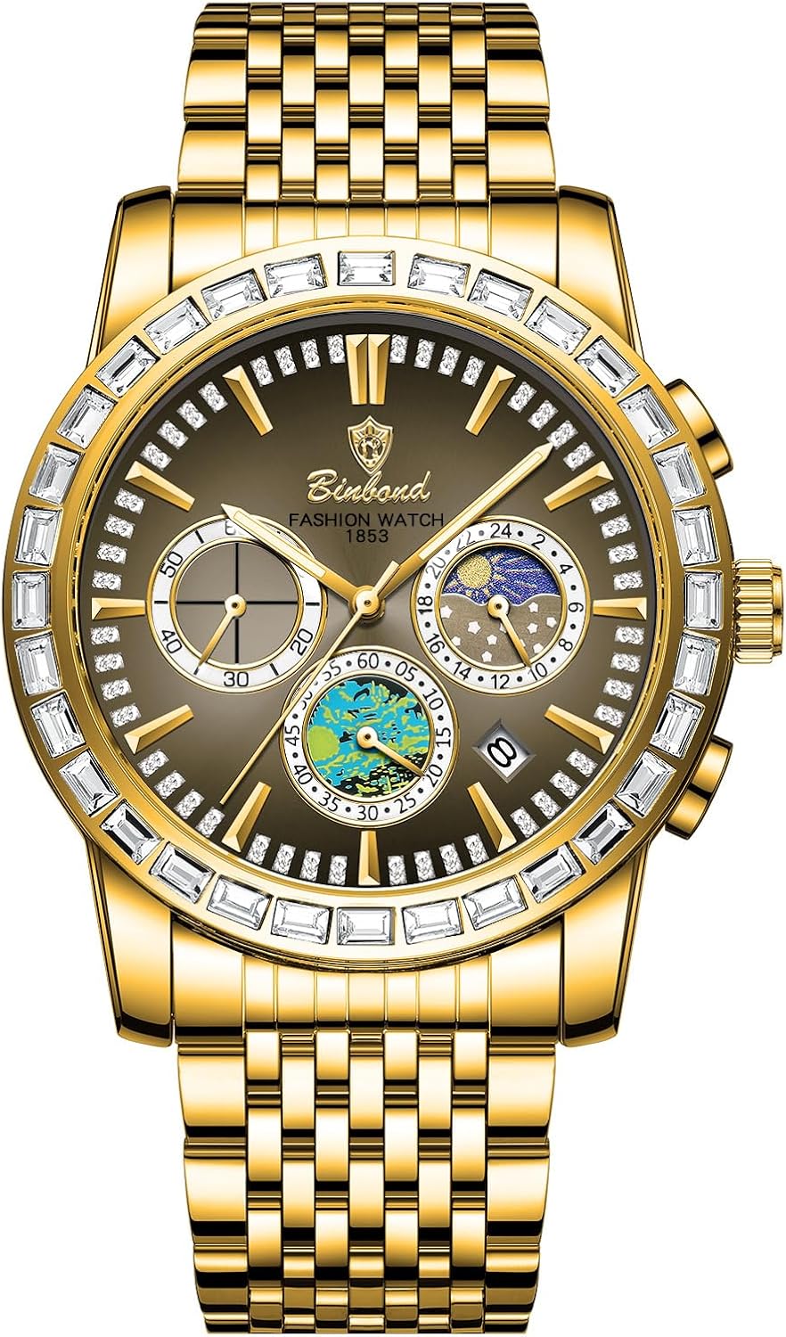 Avaner Men's Stainless Steel Watches: Three-Eye Dials Quartz Wrist Watch Gold Silver Band with Luminous Hands