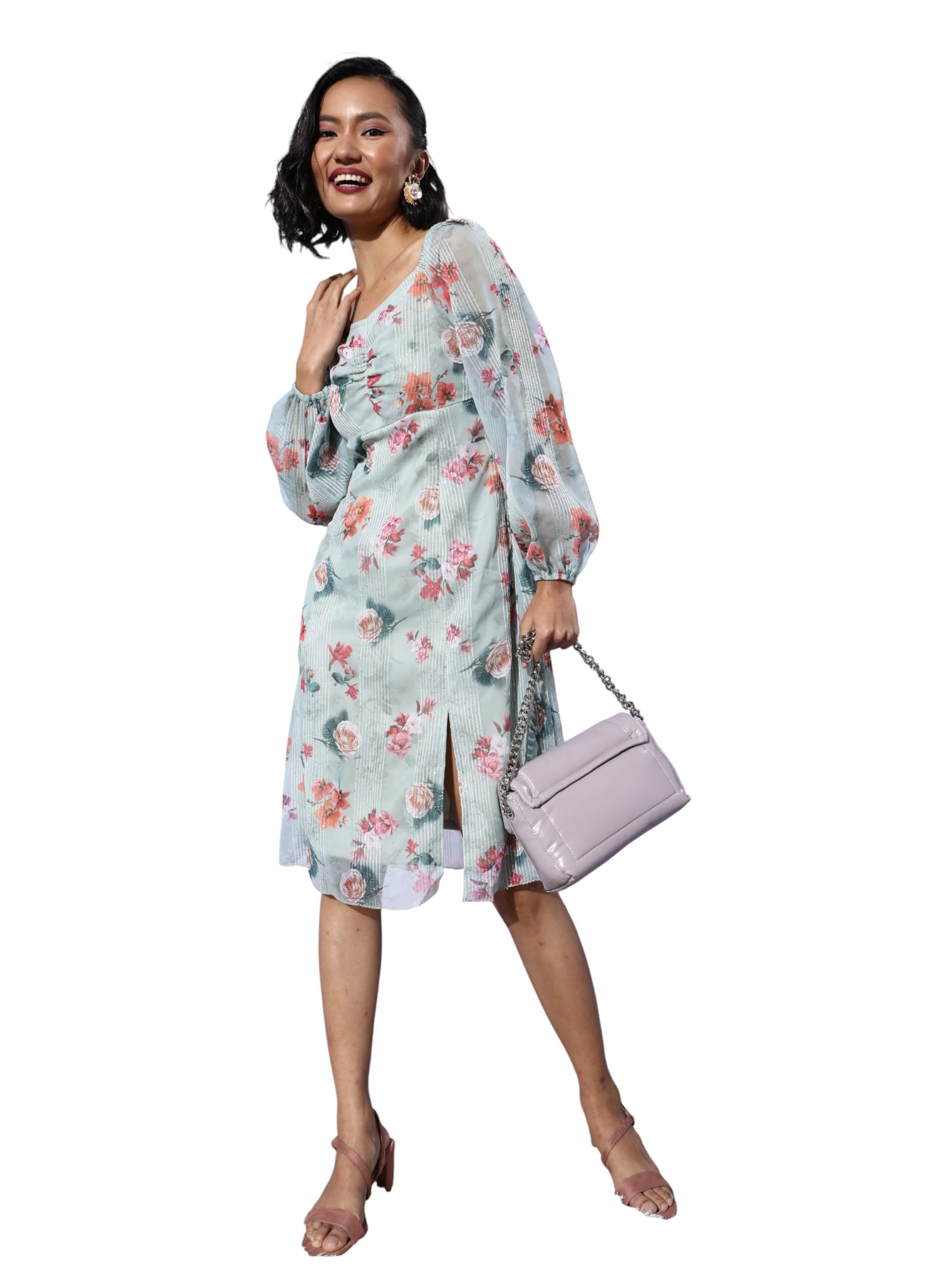 Miss Chase Women's Sweetheart Full Sleeve Floral A-Line Midi Dress (MCAW25D90-02-259-03, Multicolored Base Dusty Green,