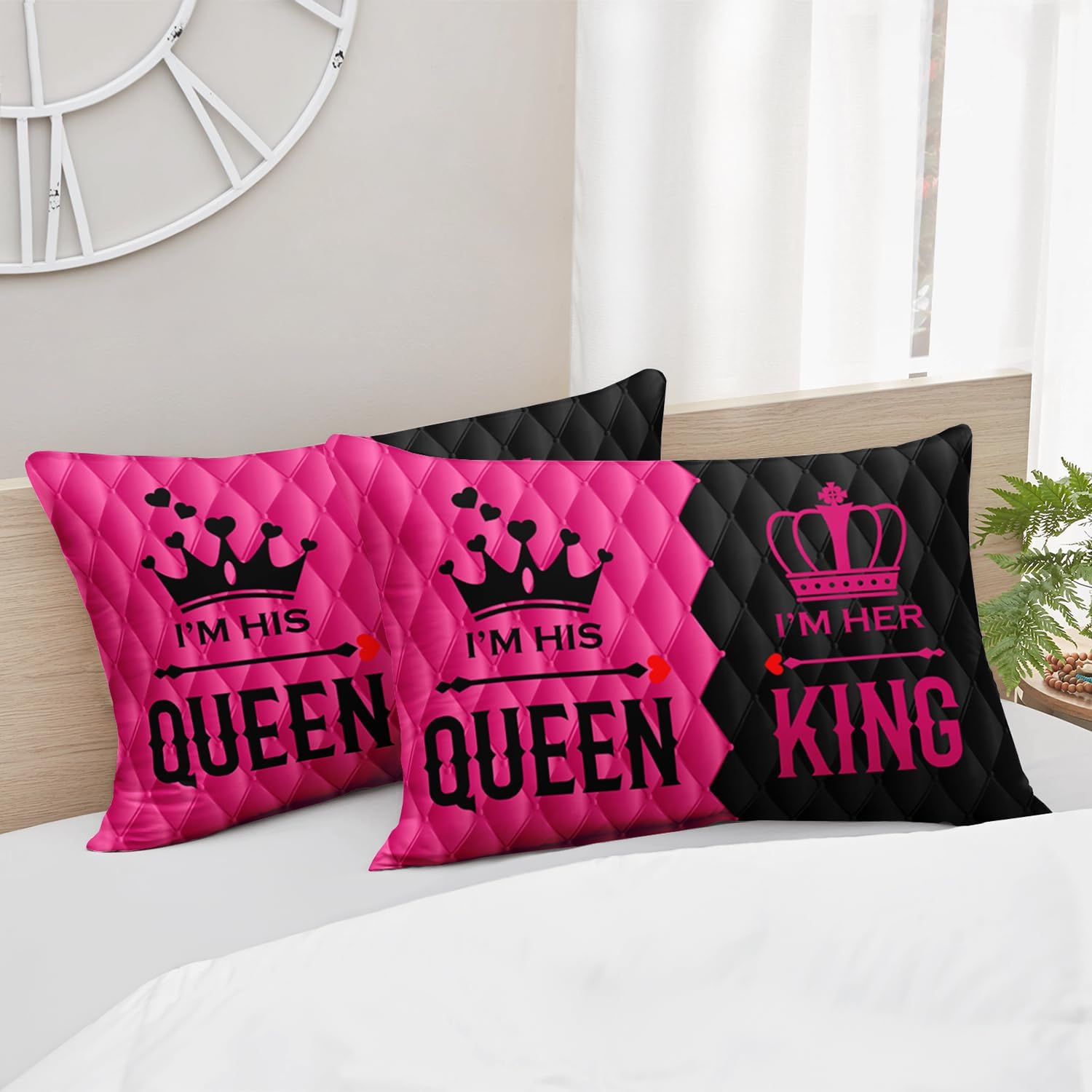 AILONEN King and Queen Print Comforter Set Queen Size,3-Piece Romantic His Hers Bedding Set for Lovers Couple,Crown Mr Mrs Theme Men Women Pink and Black Comforter with 2 Pillowcases