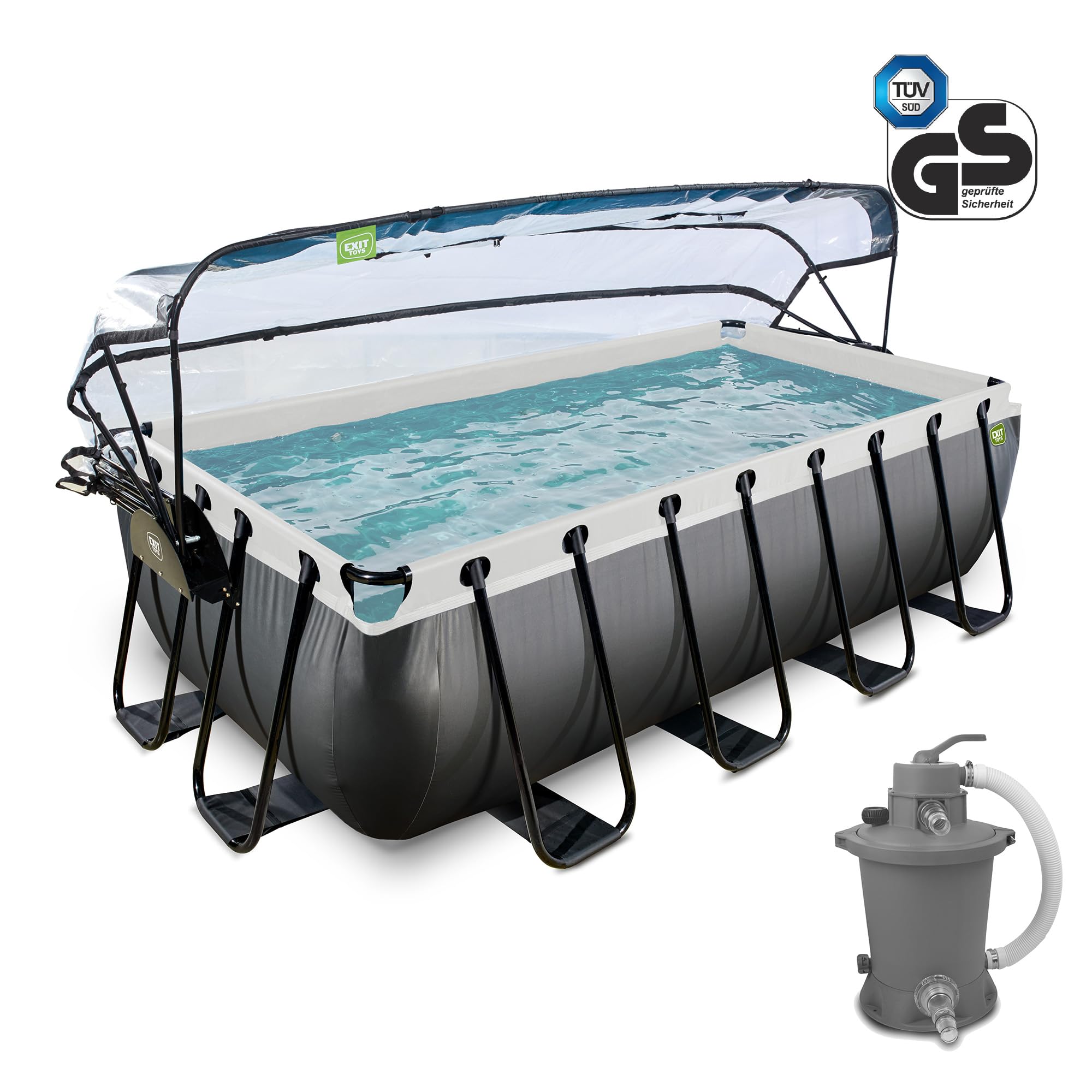 EXIT Toys Piscine Hors Sol Rectangulaire 400 x 200 x 100 cm avec Pompe à Sable – Piscine Tubulaire pour Jardin – Couverture avec Fenêtres – TÜV CE en 16582 – Black Leather – Noir