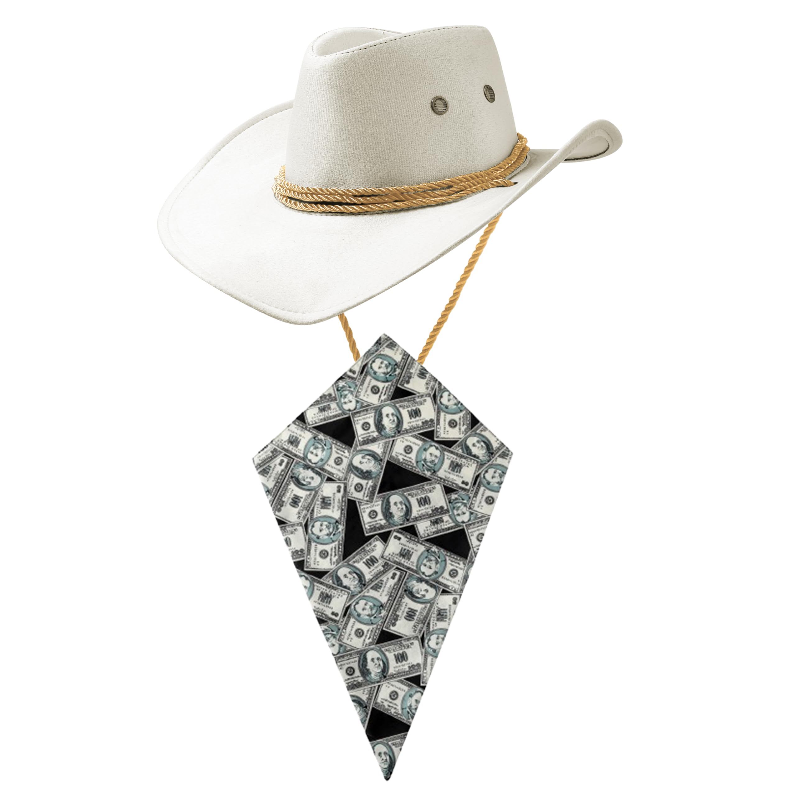 Komonee White Cowboy Hat and USA Dollars Bandana Western Sun Cap Faux Felt Leather Suede Fancy Dress Party Costume Outfit Neckscarf Protection Mens Womens โ image 1