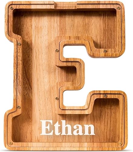 SummiDate Alcancía de madera con nombre, niños y niñas, tamaño grande, letras alfabeto A-Z, monedas y billetes, inicial en cubierta transparente