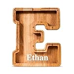 Customized Name Large Wooden Piggy Bank for Kids Boys Girls Alphabets Letter A-Z Coins Bills Money Change Bank Box Initial on Clear Cover (Laser Engraved) (Alphabet-E, Personalized-9)