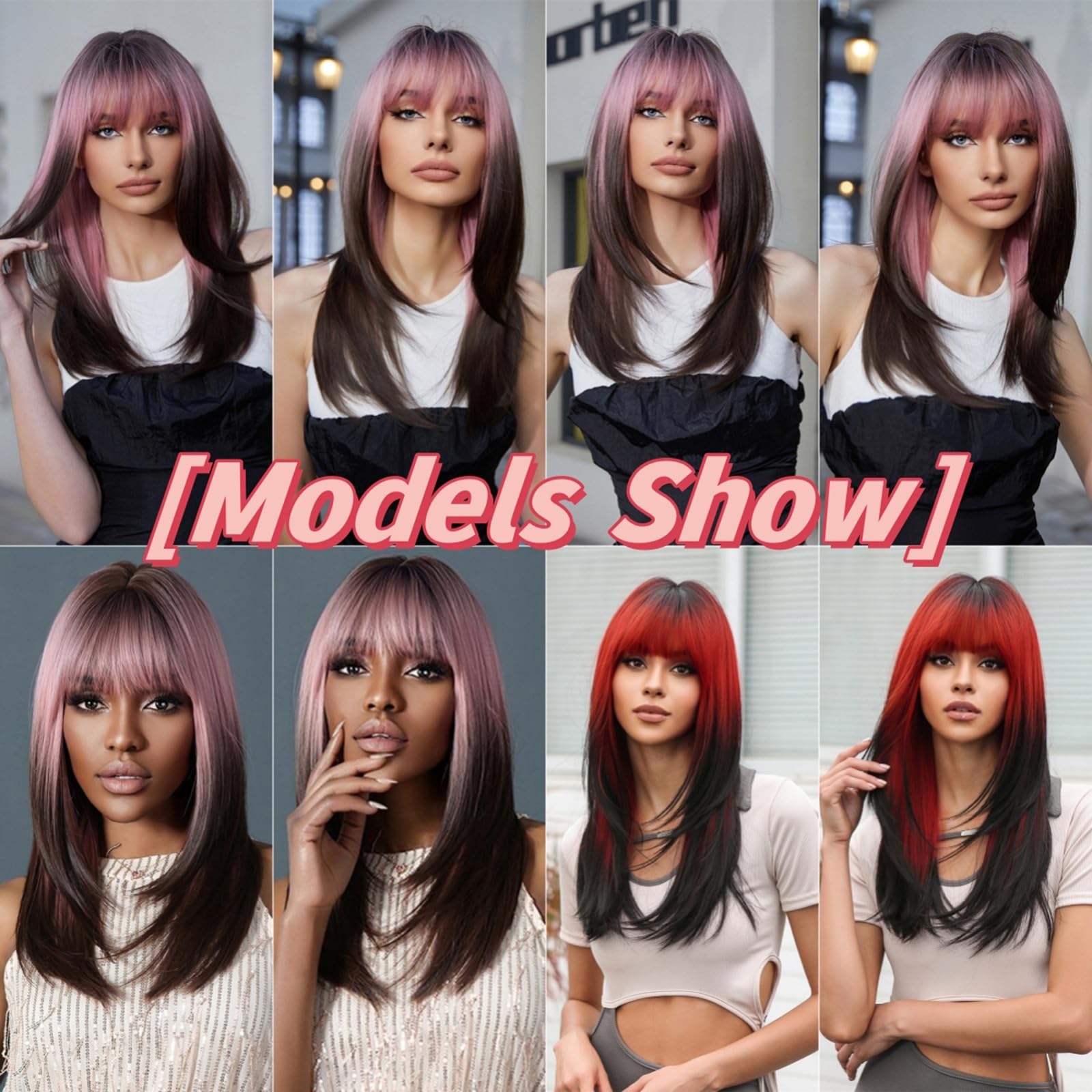 Parrucca Donna Con Frangia Sintetiche Lunga Liscia, Realistiche Naturale Layered Rosa Sfumato Brown Wig Per Cosplay Feste Ogni Giorno Halloween(Red Black)