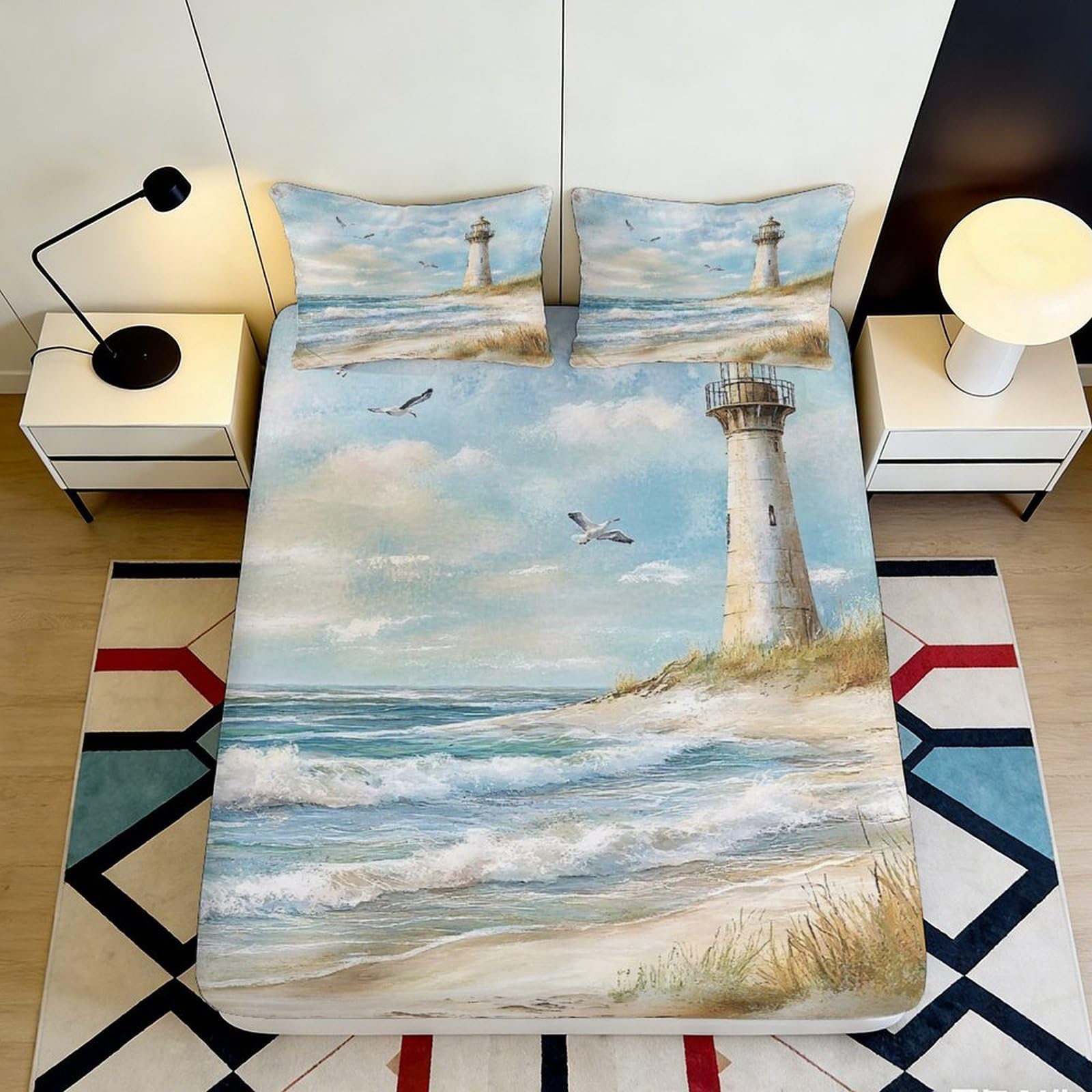 3D Printed Lighthouse Beach Fitted Sheet Microfiber Soft Breathable Ocean Waves Bed Cover for Bedroom Dormitory Guest Room Mattress Protection Decor 120x200x25cm