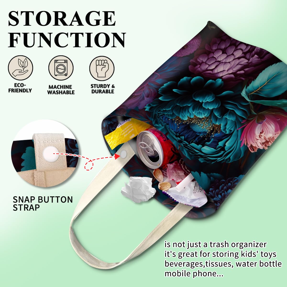 Car Trash Can, Cute Car Trash Bag, Hanging Car Organizer and Storage Bag, Trash Bin for Car Accessories, Vehicle, Travelling, Camping Cute Beautiful Flowers image 3