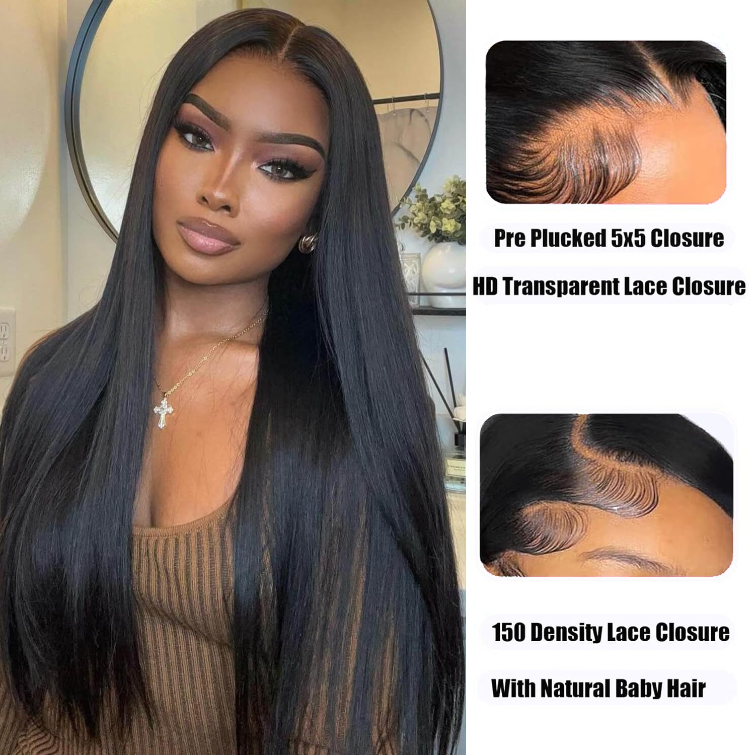 Wear and Go Glueless Wigs Human Hair Pre Plucked Pre Cut 200 Density 5x5 HD Lace Closure Wigs Human Hair 32 Inch Drawstring Wig Human Hair Straight Wig for Beginners with Baby Hair Natural Black
