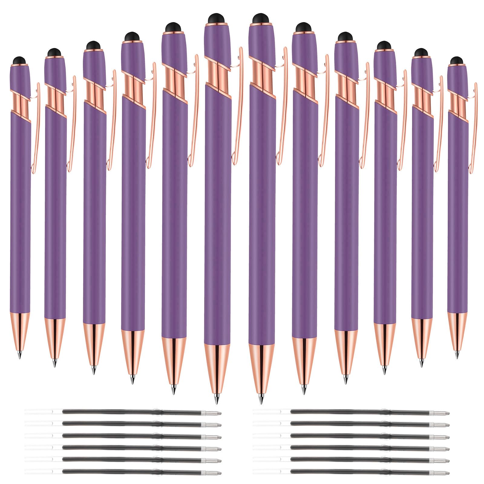 12 PCS 2 in 1 Stylus Ballpoint Pen with Stylus Tip, 1.0 mm Black Ink Metal Pen Stylus Pen for Touch Screens (Light Purple)