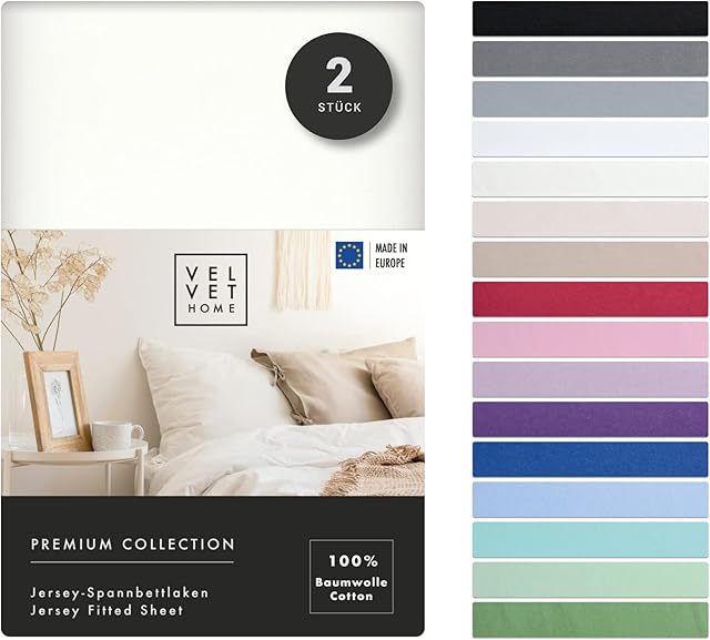 VelvetHome 2szt Prześcieradło z gumką 90x200cm | 100% Bawełna czesana | Made in EU | 165gsm | 2X Jersey | Jakość Premium | Ecru | 90 x 200 +30