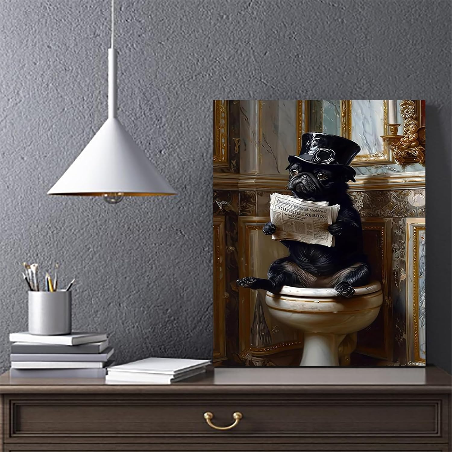 Pug Dog Victorian Gentleman Reading Newspaper on Toilet Whimsical Fine Art Print Poster Giclee Vintage Painting Wall Art 08x10inch Framed - Image 3
