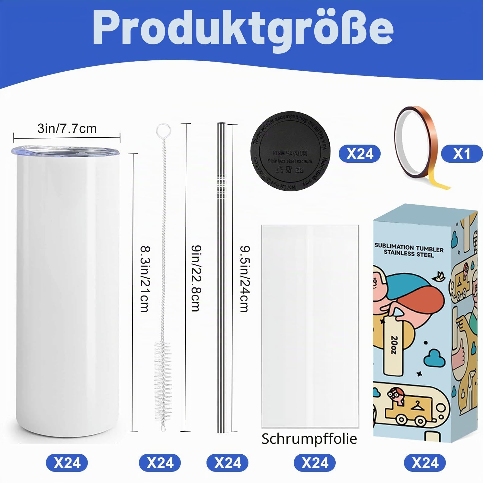 Set von 24 Sublimation Blanks Skinny Tumbler 20 OZ White Straight Bulk Edelstahl Tumbler, mit Deckel und Stroh, Schrumpffolie, einzeln verpackt, Blank White