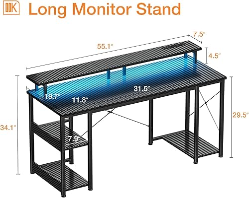 Miniatura 10 de ODK Escritorio para juegos de 48 pulgadas con luces LED y tomas de corriente, escritorio para computadora con soporte para monitor y rejillas de
