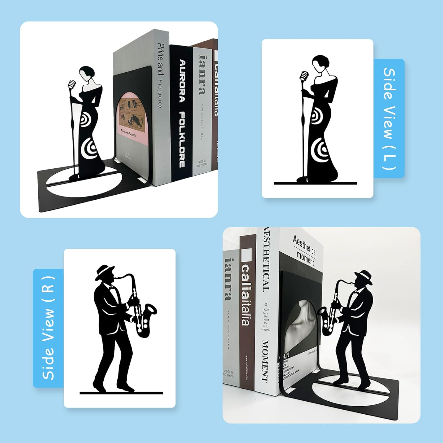 Jazz Band Metal Bookends, Music Bookends, Musical Instrument Book Ends, Singer and Saxophone Player Shelf Decor, Musician Book Stand, Black Book Holders for Home Office