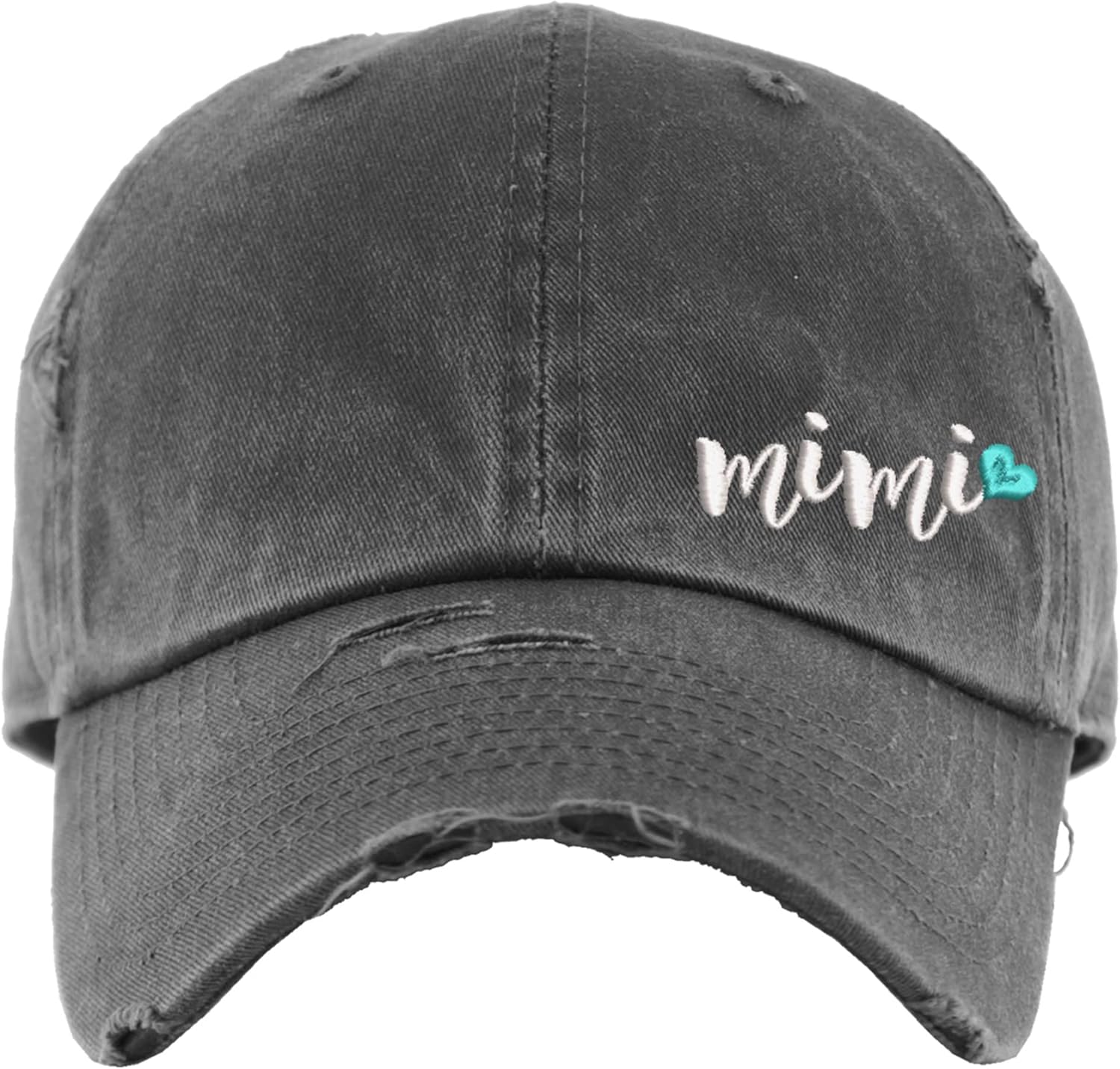 Sew Vivid Designs Mimi w/Heart Hat | Distressed Baseball Cap or Ponytail Hat | Personalize it! | Custom Embroidered Unisex Adult Cap – Dk Grey with Aqua Heart