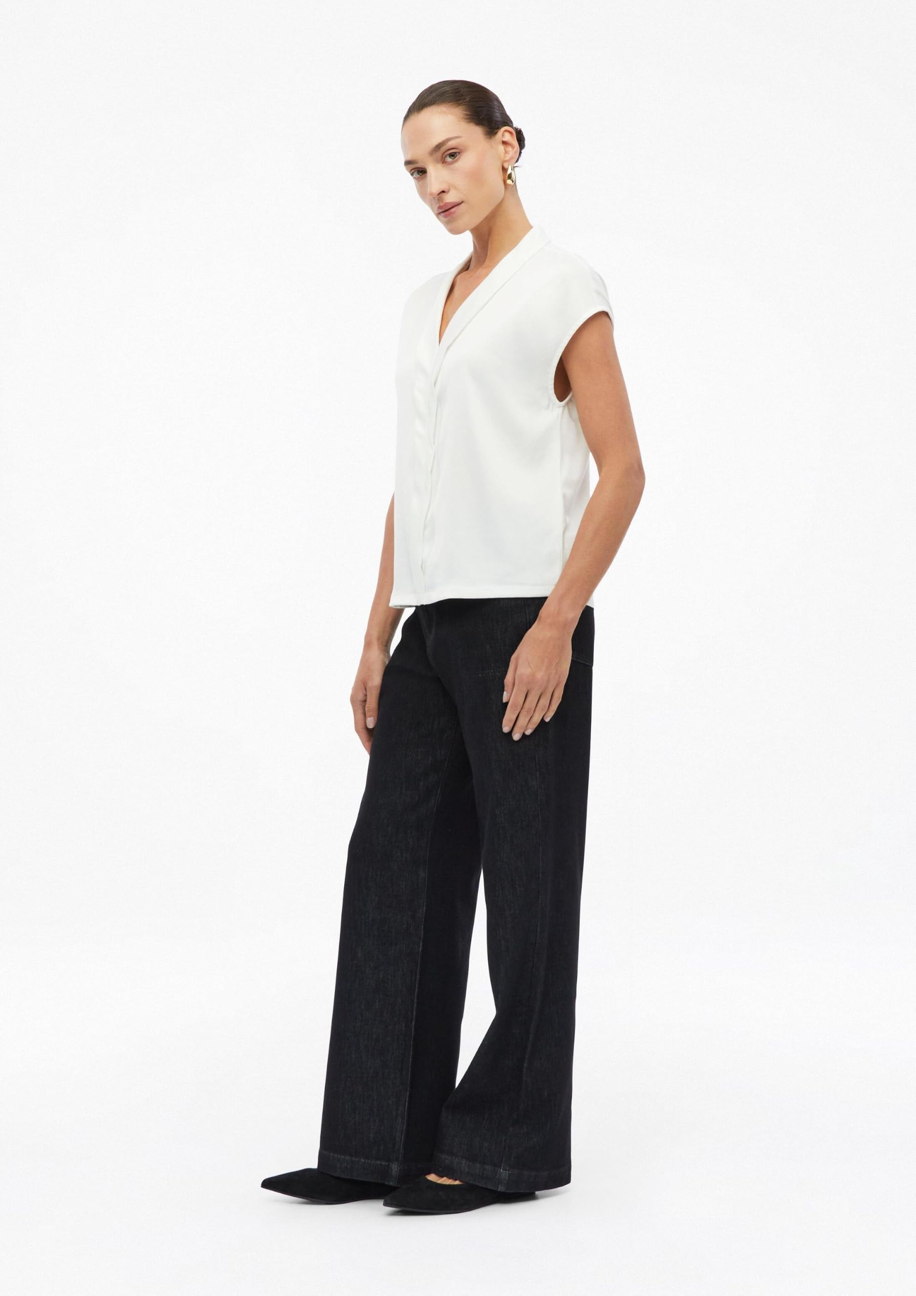 s.Oliver Damen T-Shirt – Regular Fit, V-Ausschnitt, Jersey mit Satin-Blende, überschnittene Schultern