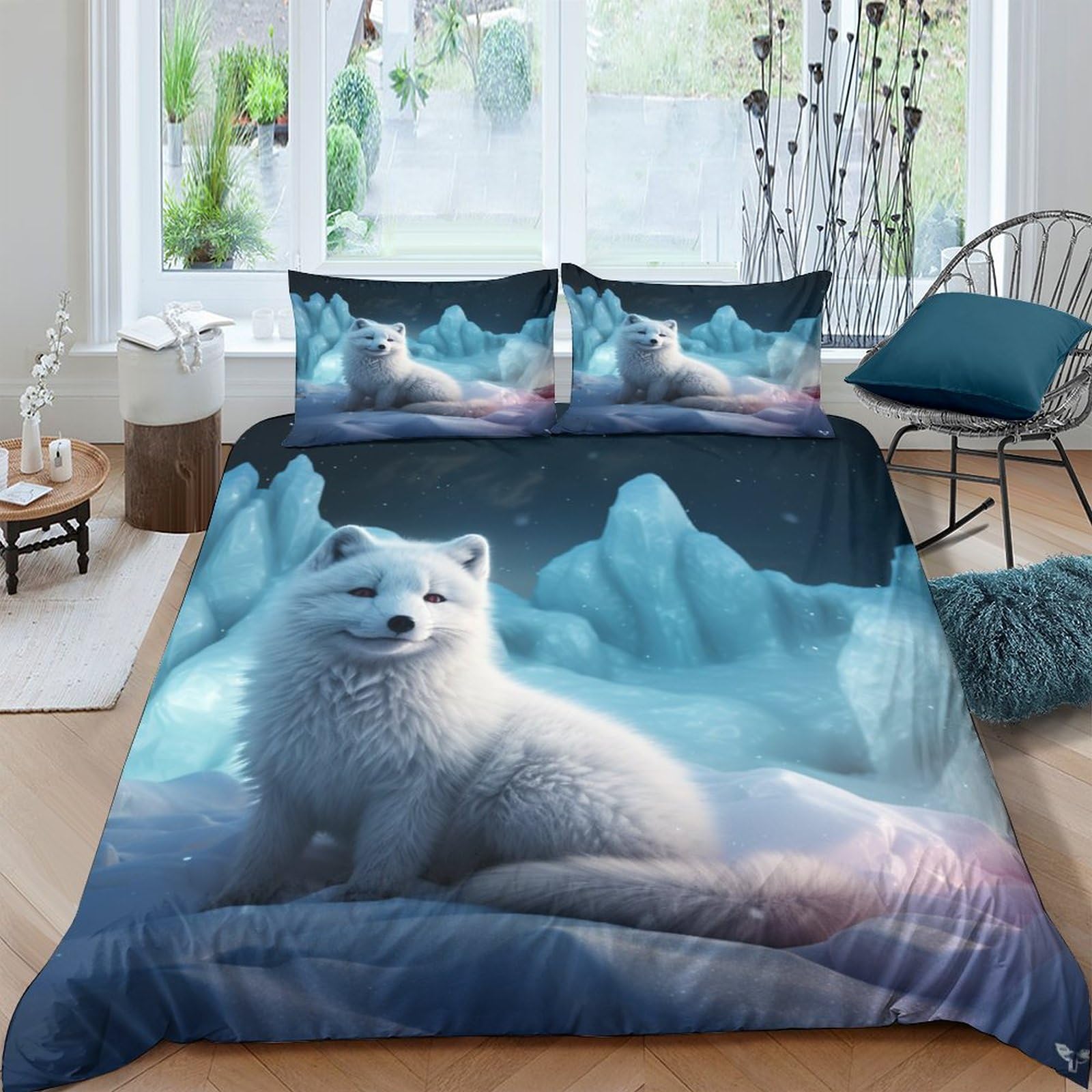BARDYS Iceberg And Arctic Fox Duvet Cover with Pillowcaser Kids 3D Printed Bedding Polar Comforter Cover Soft Microfiber Quilt Cover for Girls, Boys Bedding Set，with Zipper Closure King（220x240cm）