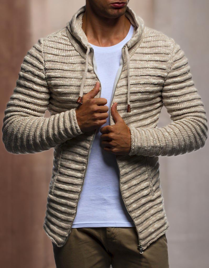 Leif Nelson LN20724 Men's Knit Jacket with Hood Knitt Zip Up Cardigan Hoodie