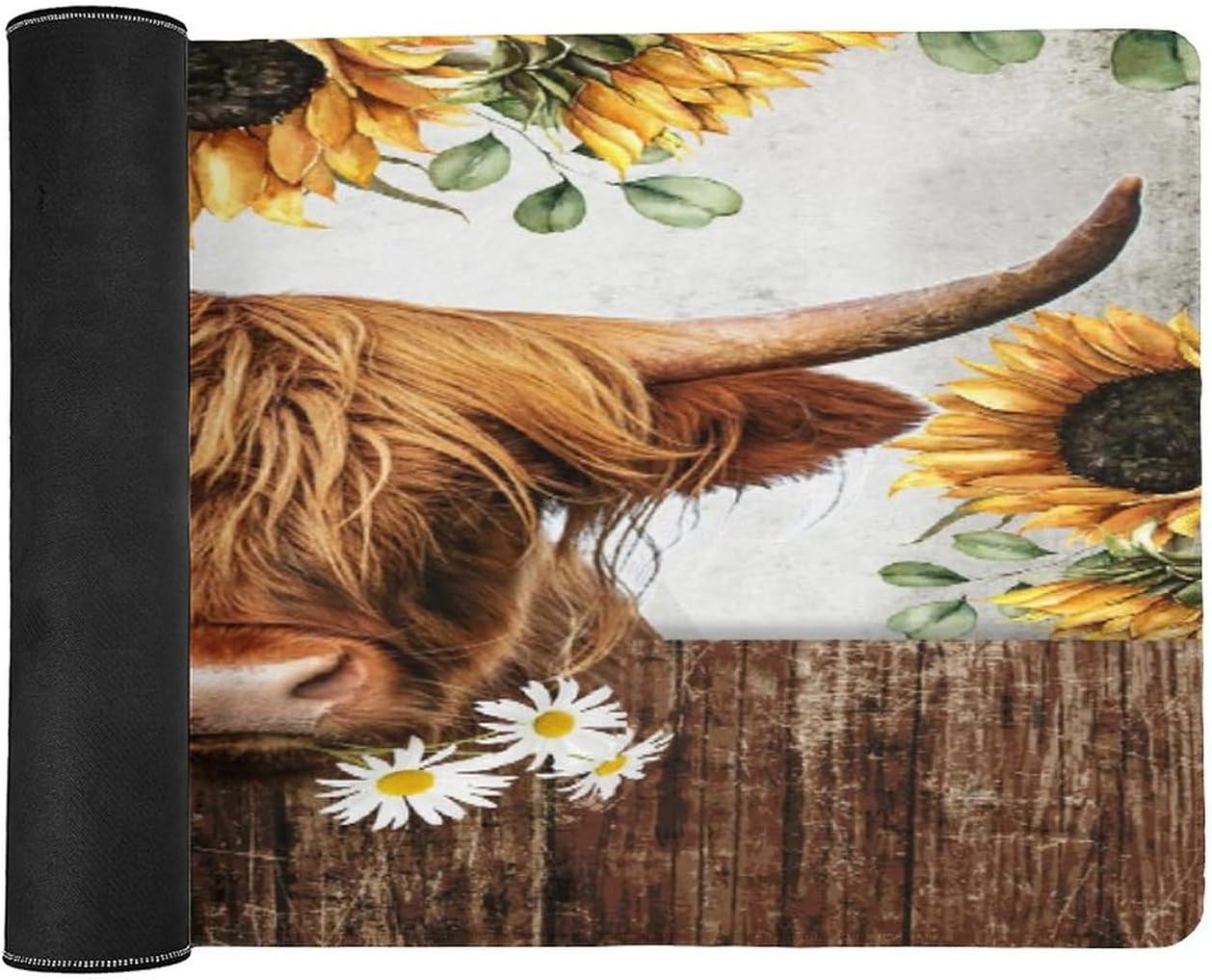 Farm Highland Rustic West Extended Mouse Mat Farmhouse Animal with Yellow Sunflower Daisy for Working and Gaming 36L x 16W Inch