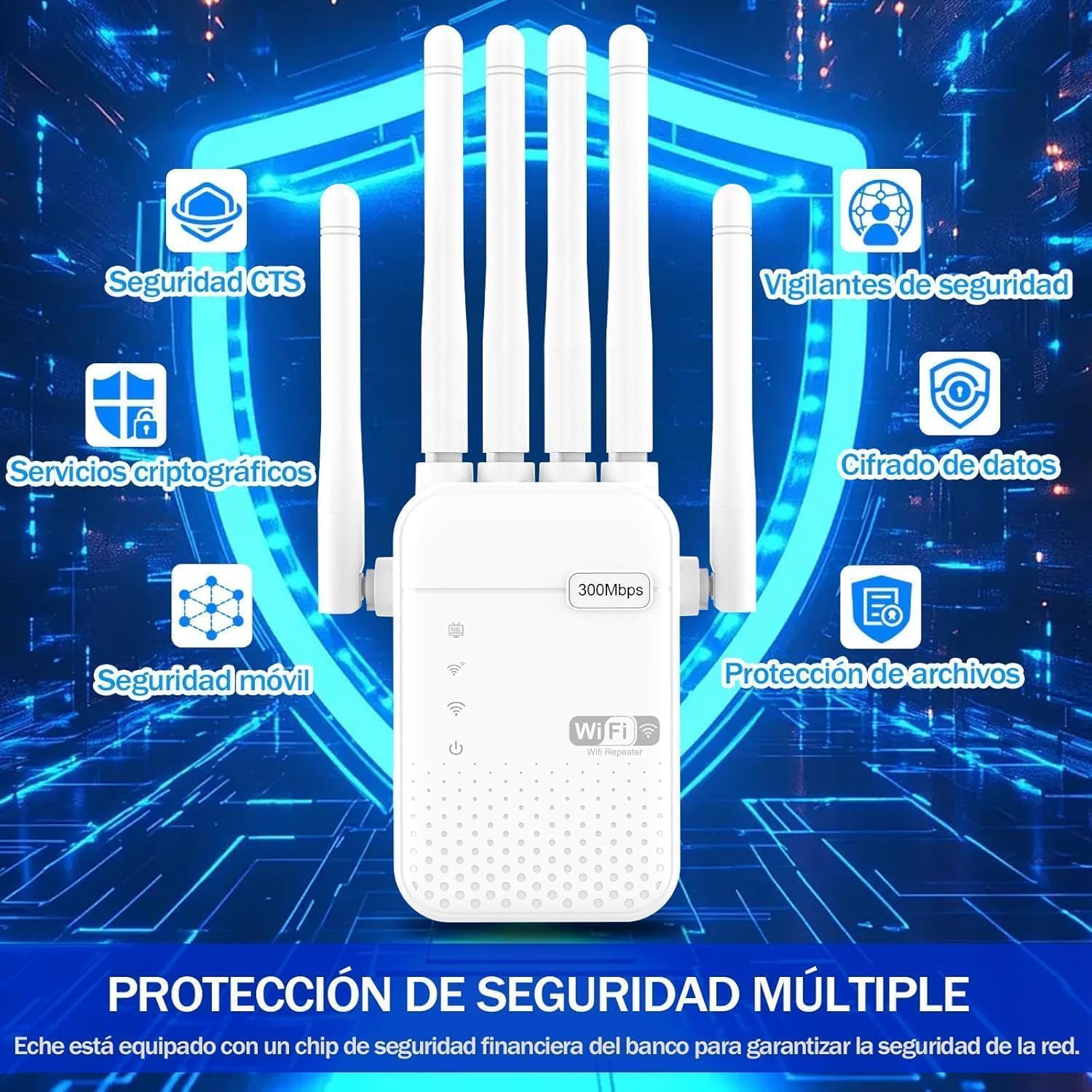 Repetidor WiFi Potente Amplificador de señal WiFi,6 Antenas,2 Puertos LAN,Modo Repetidor/Router/Ap,Cobertura 360° de hasta 3800 m²,Adecuado para Oficinas y Casa,Fácil de Instalar