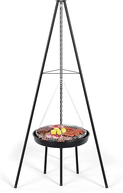 KINGARDEN Tripod Cooking Charcoal Outdoor Grilling Fire Pit Barbecues with 188 cm Height-Adjustable Chain Swivel Hanging Grill Portable for Picnic Camping BBQ Garden
