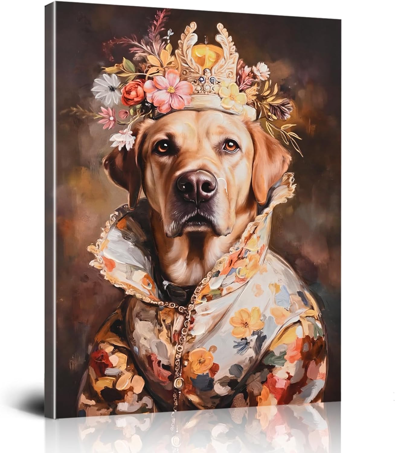 Poemwish Dog Wall Art, Labrador Portrait Wall Art, Vintage Style Bathroom Wall Decor, Regal Canine Painting with Floral Crown and Gown