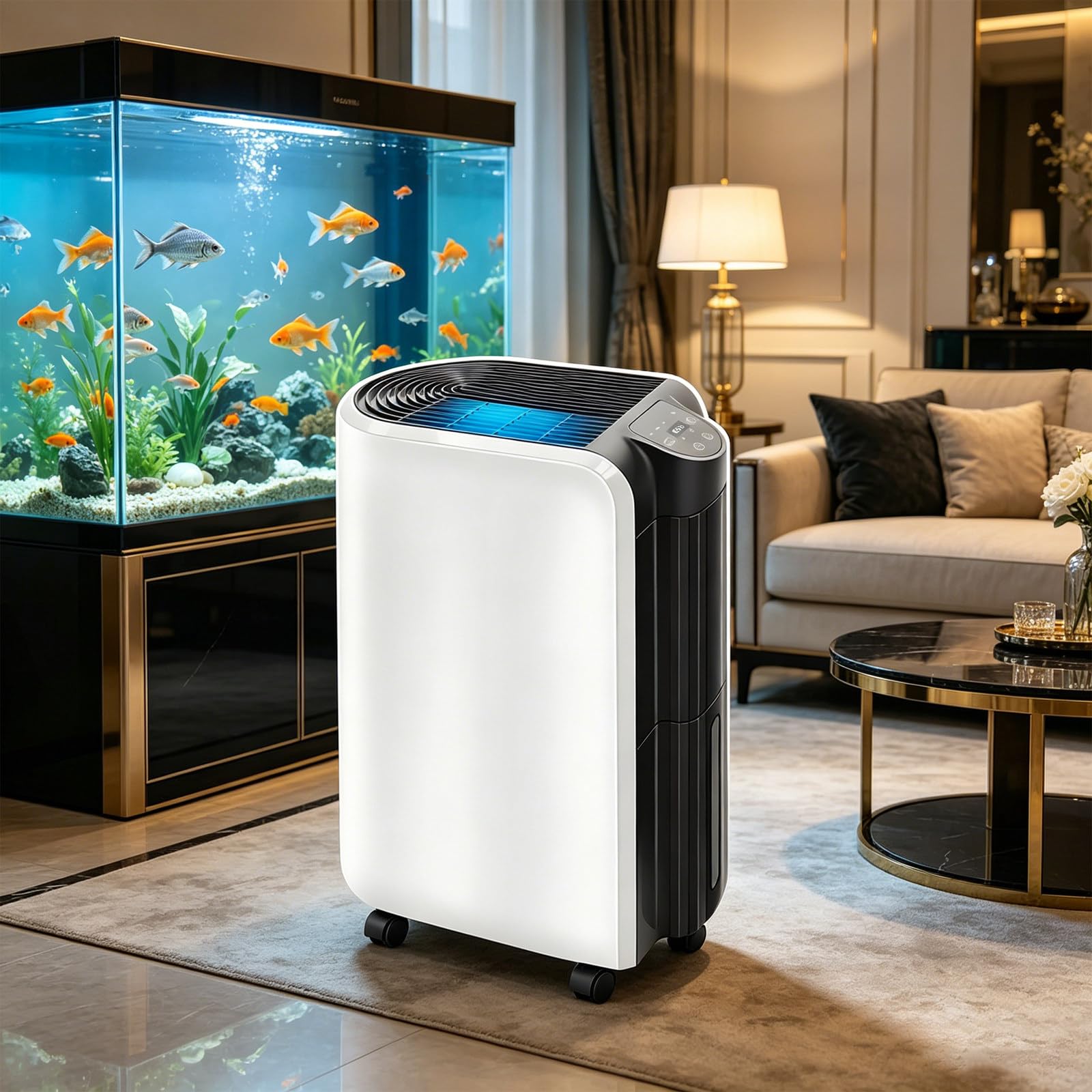 Osuszacz powietrza do całego domu, wydajność 20 l/dzień, zasięg 35 m², inteligentne sterowanie aplikacją (2,4 GHz i 5 GHz), energooszczędny 280W, ciągły drenaż, przenośny z kółkami 360°