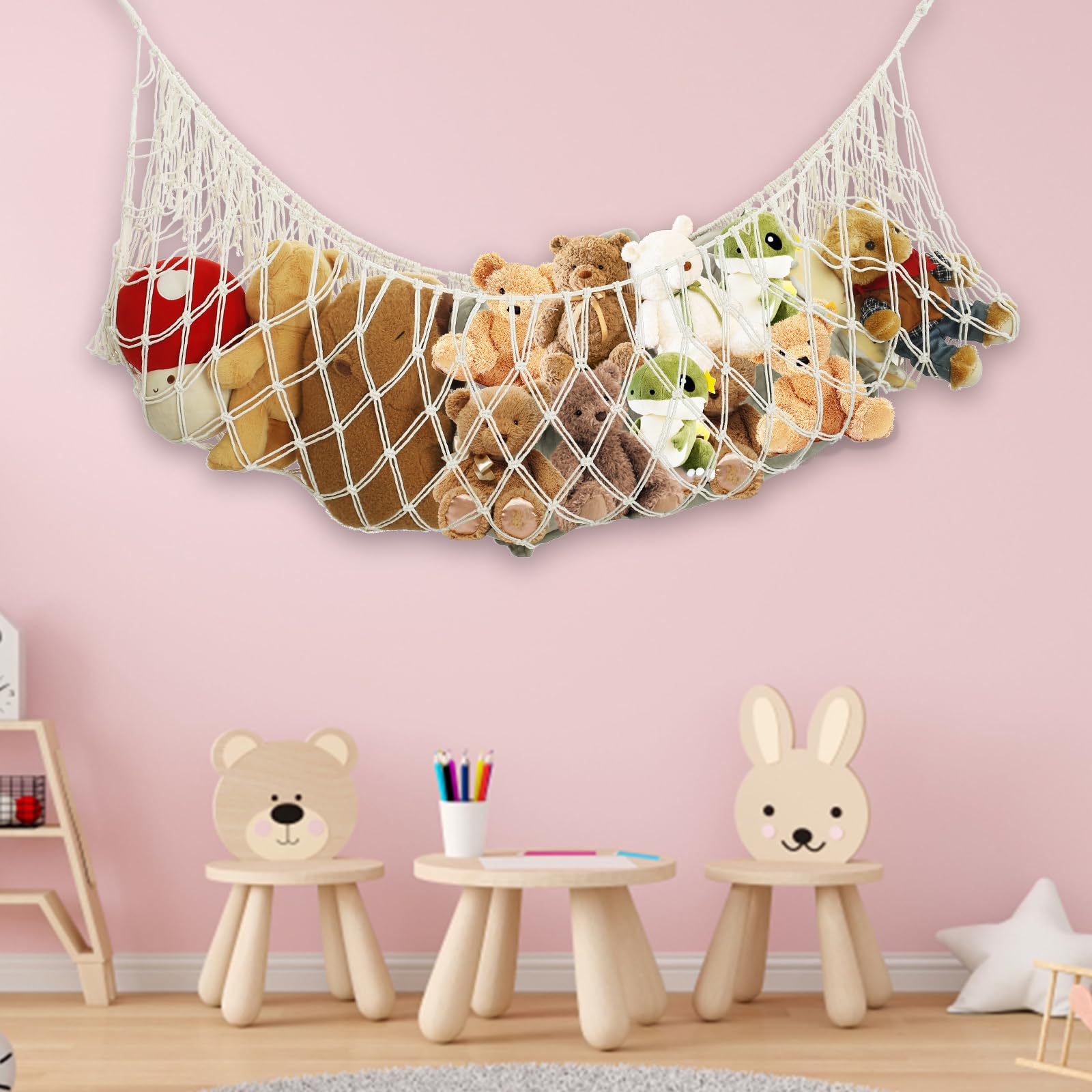 Toy Hammock for Stuffed Animals Storage Extra Large 56'' Long Hammock Tassel Design Soft Toy Net Wall Corner Bed End Hanging Organizer Holder for Kids Room Playroom Nursery (Beige)