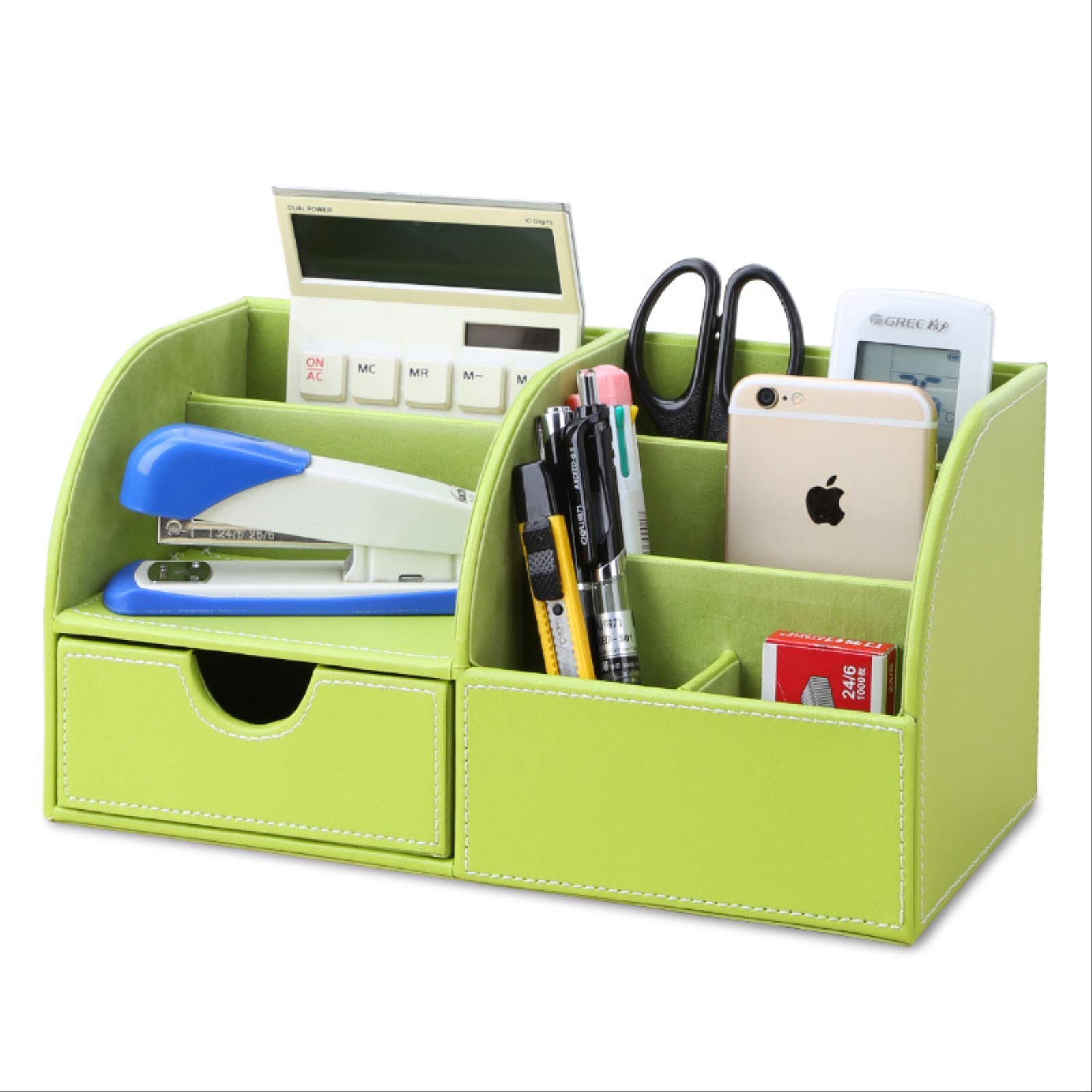 Organiseur de bureau vert en cuir pour stylos et téléphones portables