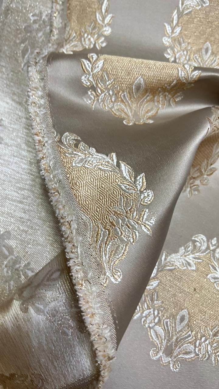Luxurious Woven Jacquard Damask Motif Heavy Furnishing Fabric for Upholstery, Sofa, Chair, Cushion Covers, Head Board - Width 54 inches - Fabric by The Yard (Beige)