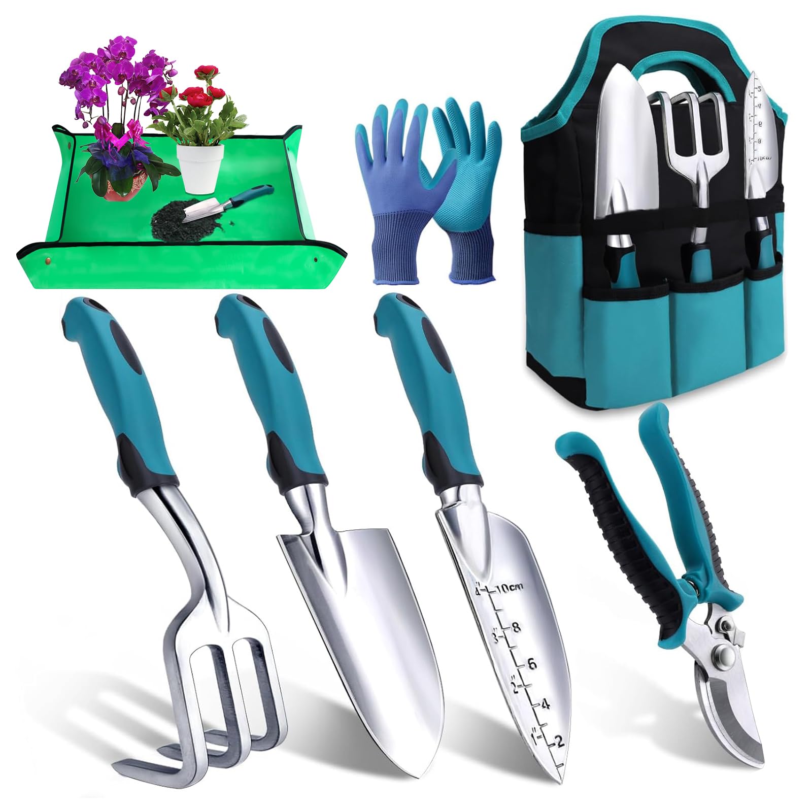 7 Piece Garden Tools Set with Storage Tote Bag, Heavy Duty Rust-Proof Aluminium Alloy, Ergonomic Anti-Slip Handles, Thick Repotting Mat, Gardening Gifts for Women Men​