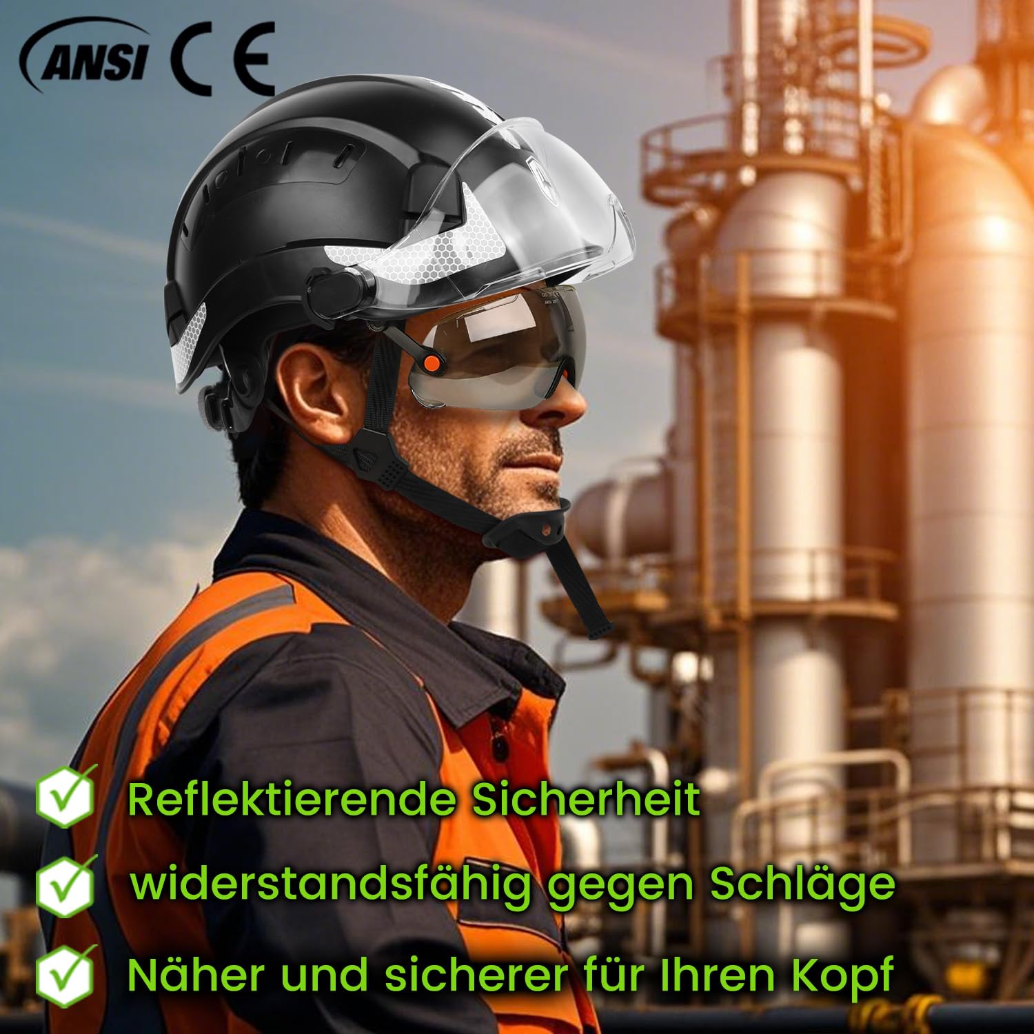GREEN DEVIL Mervex Vent Set - EN397 & EN166 zertifizierter Industrieschutzhelm mit Doppelvisier + Shield LD Aktives Bluetooth Gehörschutz SNR 32dB