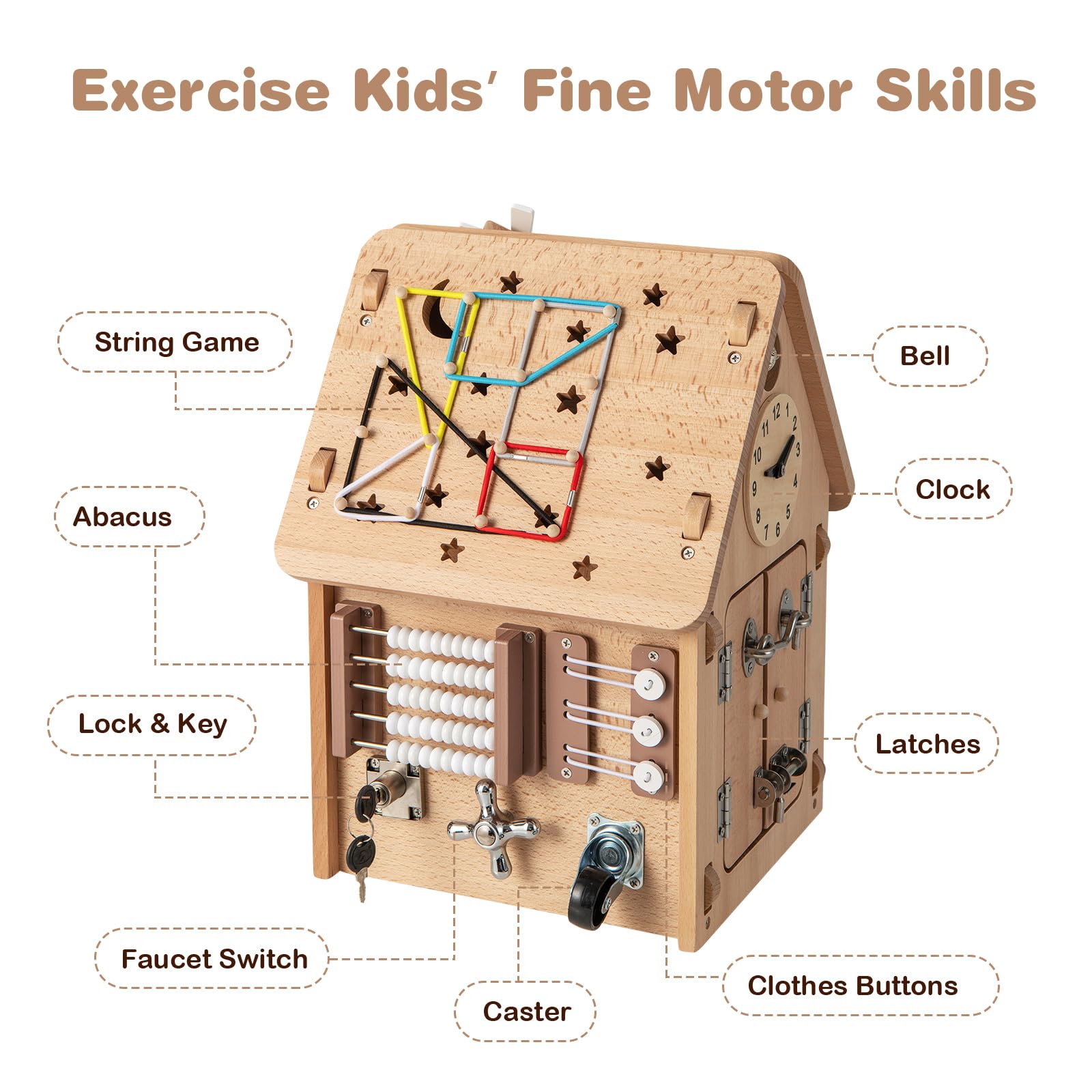 HOMASIS Casa dei Giochi per Bambini in Legno, Casa dei Divertimenti con Orologio, Rubinetto, Interruttore, Timer, Spina e Presa, Giochi Sensoriali e Montessori per Bambini da 3+ Anni, Naturale