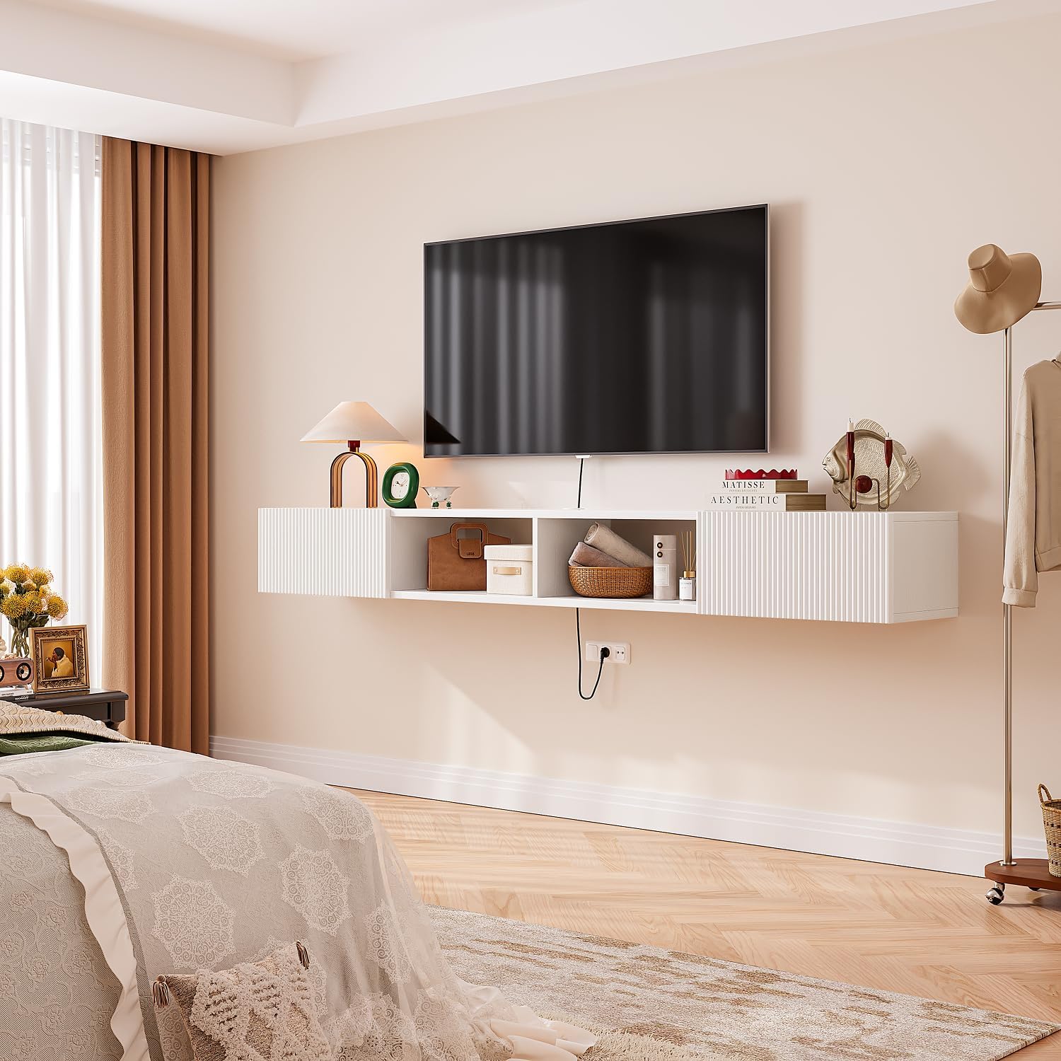 70'' Floating TV Stand with Doors and Caibinets, Wall Mount TV Console,Floating TV Cabinet,Entertainment Center Under TV Shelf with Storage for Living Room Bedroom,White - Image 7