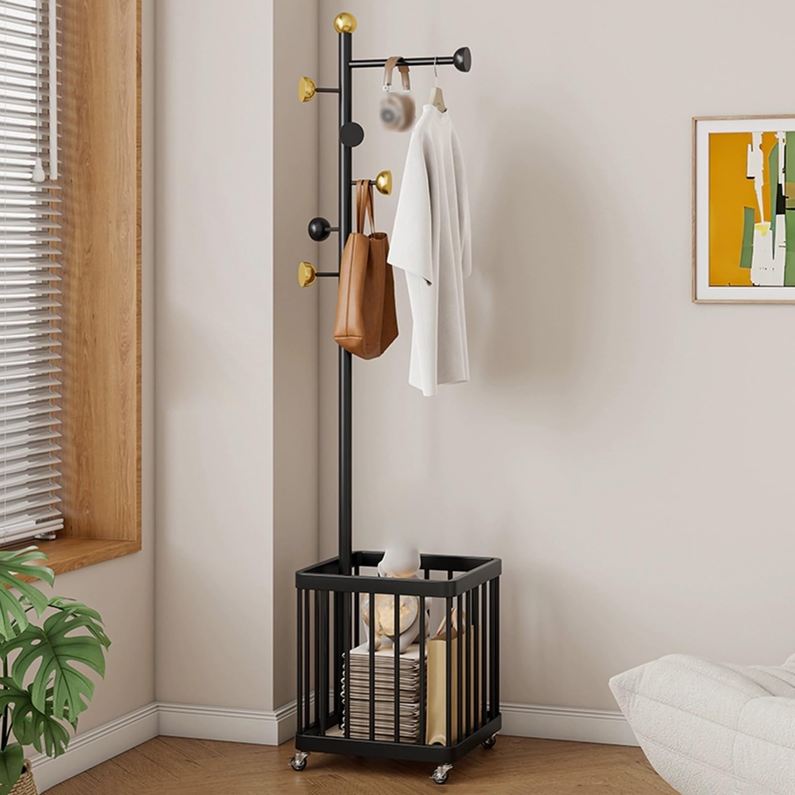 Porte-manteaux en métal noir autonome Sto 5 Hoo organisateur avec panier de rangement d'entrée