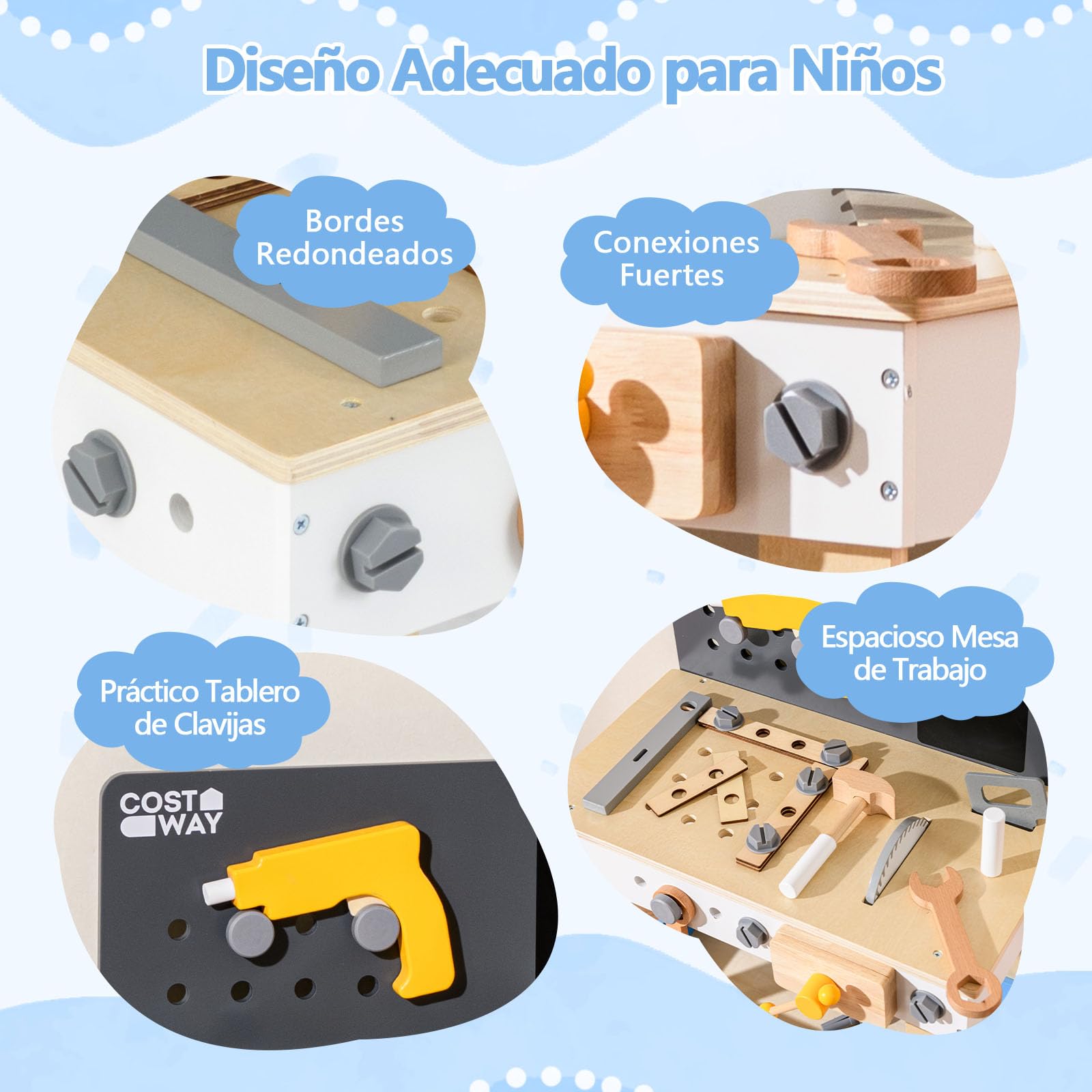 COSTWAY Banco de Herramientas para Niños, Banco de Trabajo Infantil de Madera Pequeños, Pizarra y Estante de Almacenamiento, Juego de Herramientas de Juguete Montessori para Niños de 3+ Años