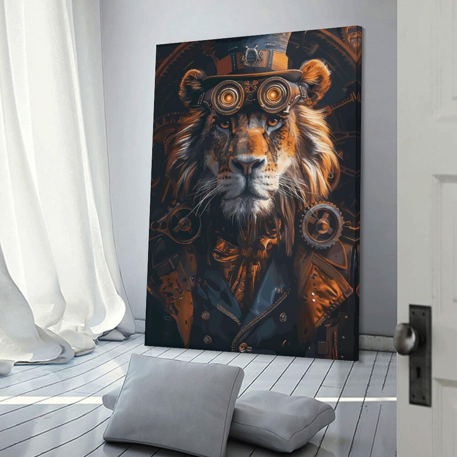 Junmoney Canvas Wall Picture Animal Steampunk Lion, 24x36inch(60x90cm), for Gallery Wall Decor And Room Displays, Decorative Artwork with Flexible Styling