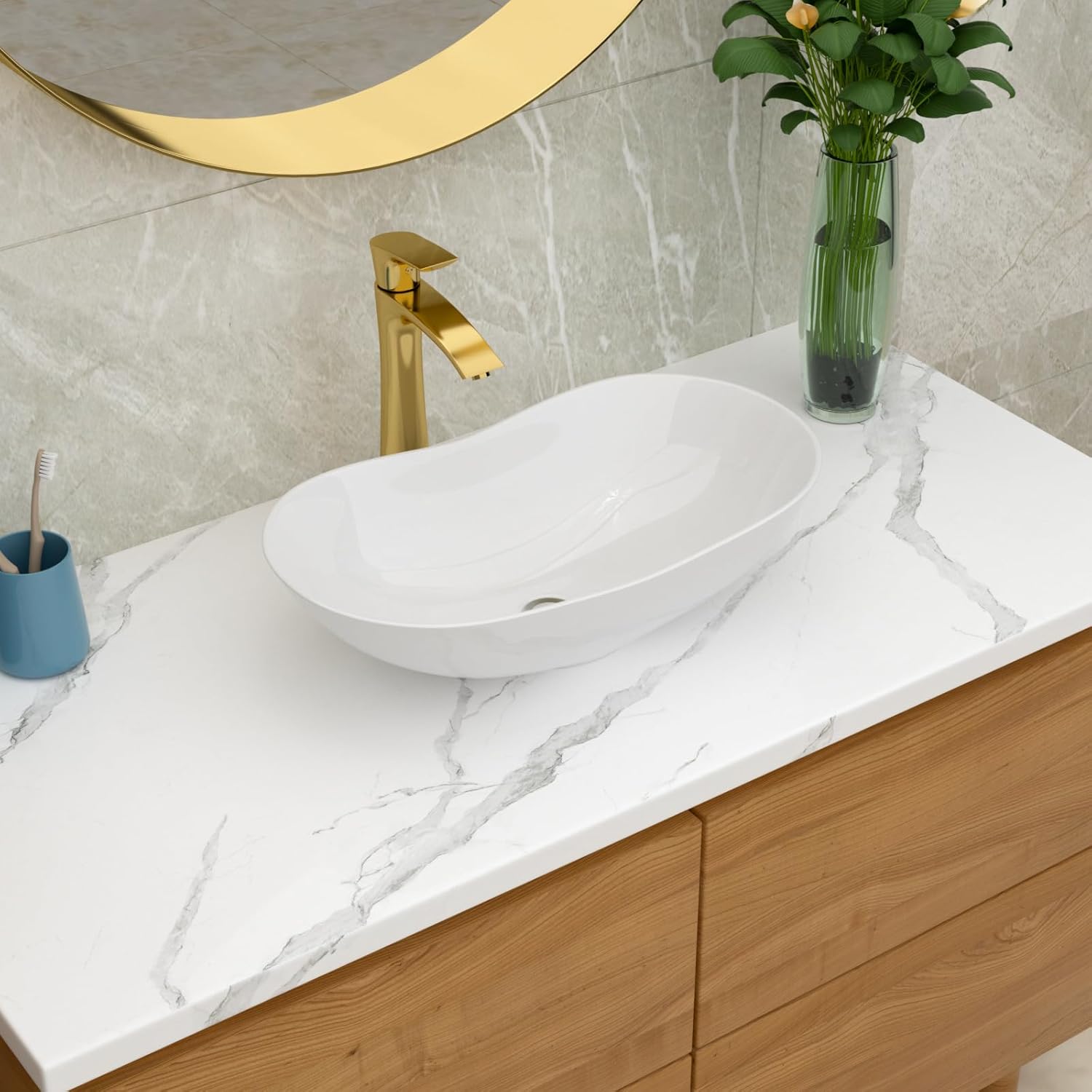 Lordear Oval Bathroom Vessel Sink 24x14 Inch Modern Egg Shape Above Counter White Porcelain Ceramic Oval Bathroom Vessel Vanity Sink Art Basin