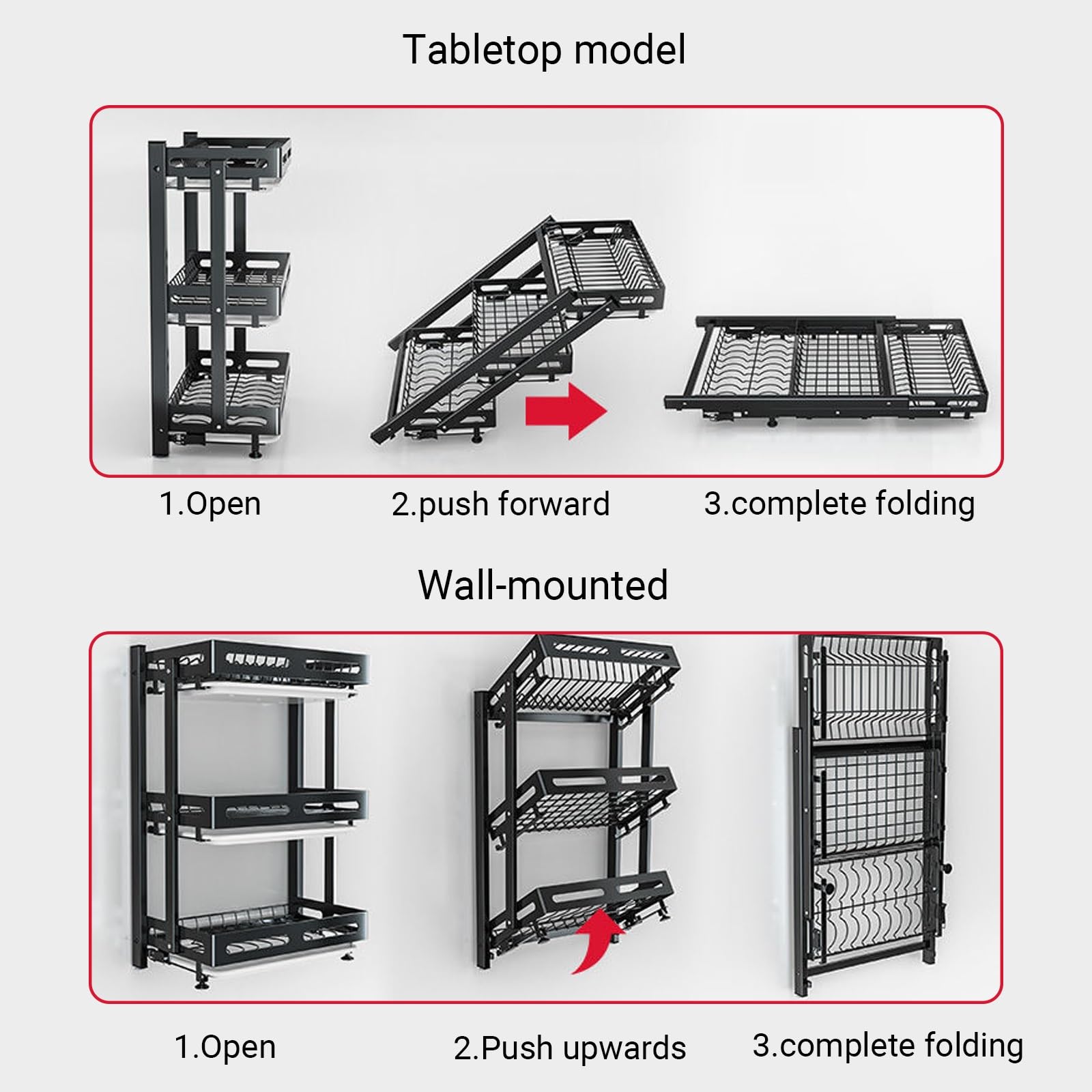 Égouttoir à Vaisselle Pliable 2 en 1 - Fixation Murale et sur Plan de Travail sans perçage, Acier Inoxydable avec bacs de récupération d'eau pour Petites Cuisines/Appartements (Grand Format)